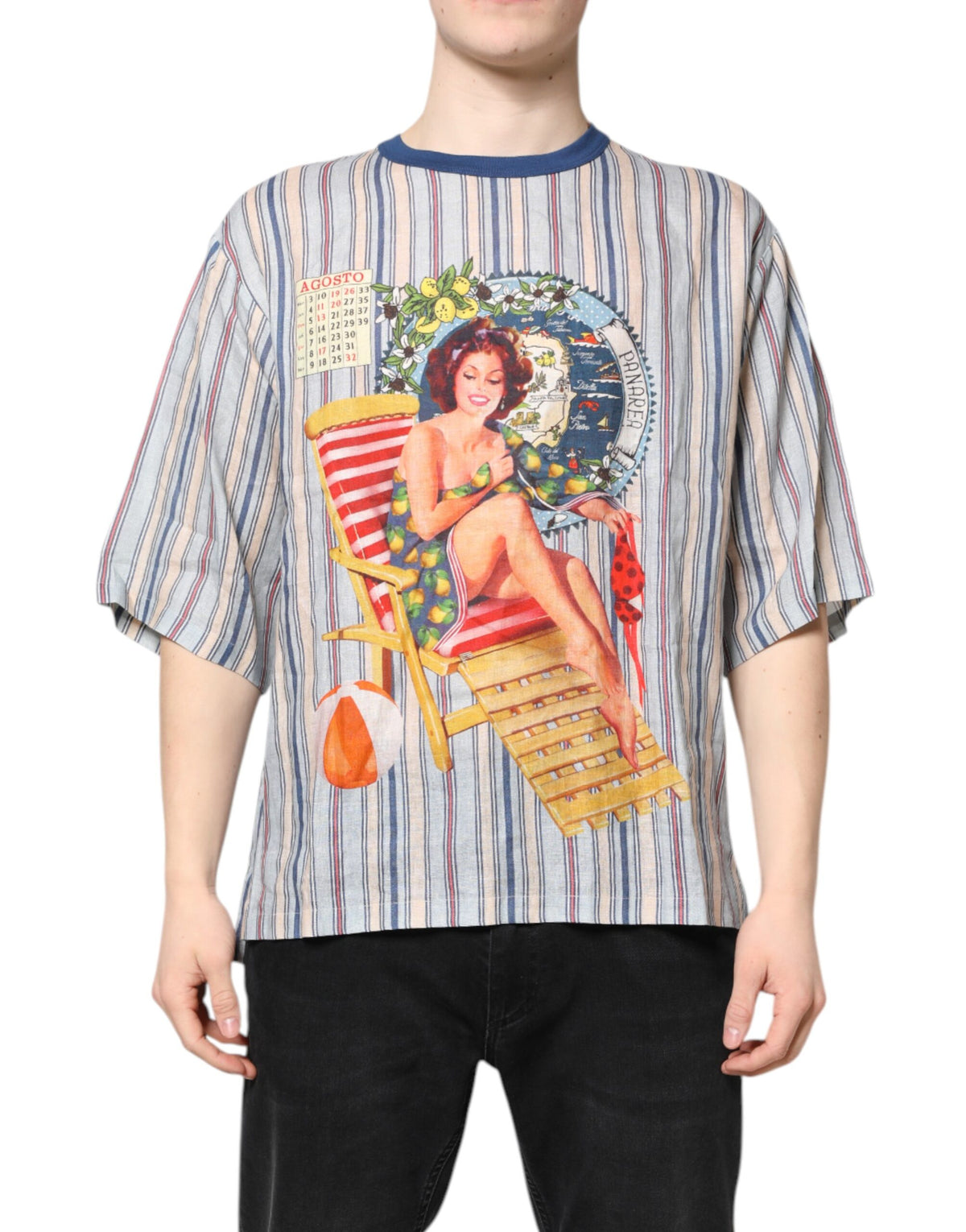 New Dolce & Gabbana Striped Pin Up Linen Round Neck T-shirt