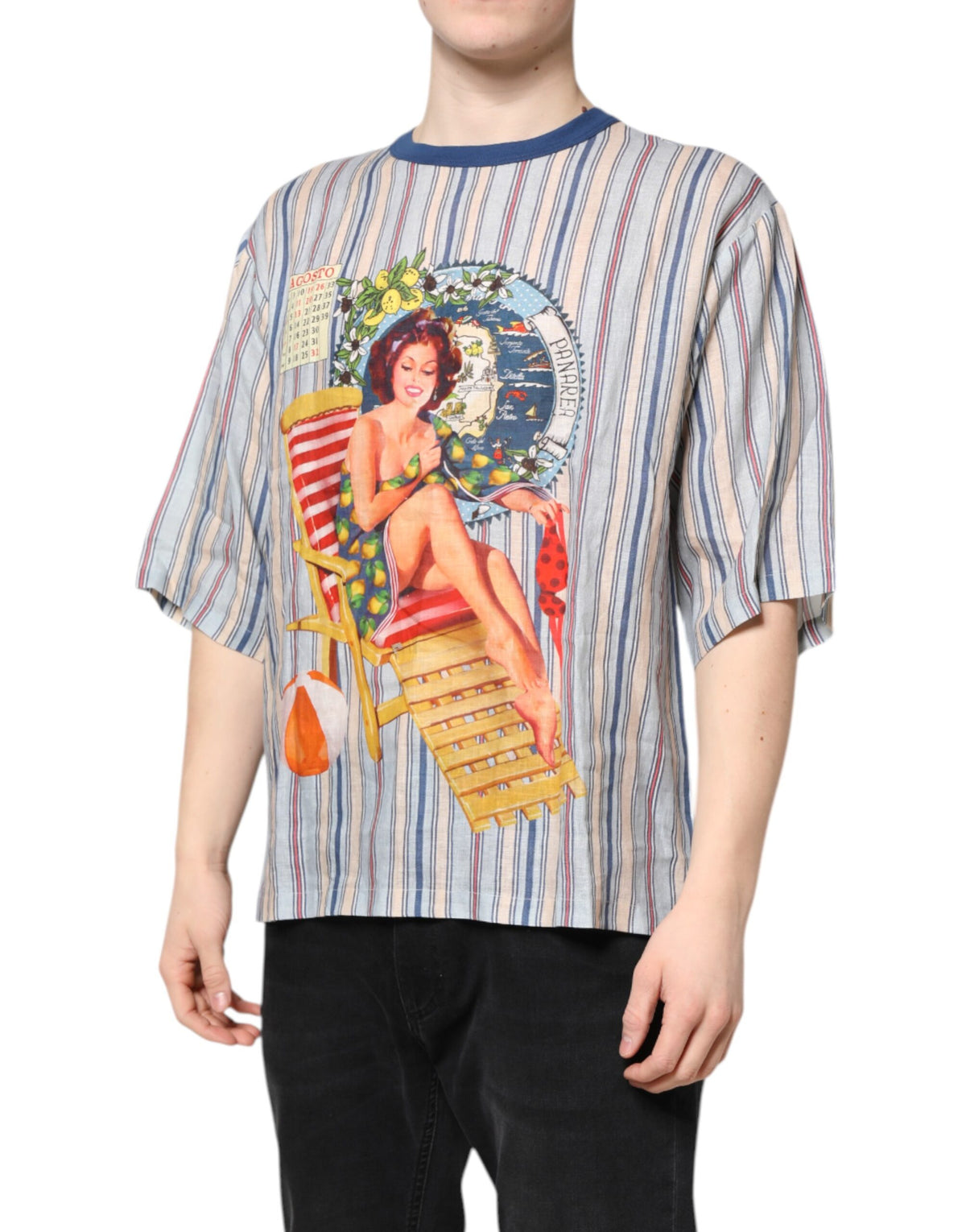 New Dolce & Gabbana Striped Pin Up Linen Round Neck T-shirt