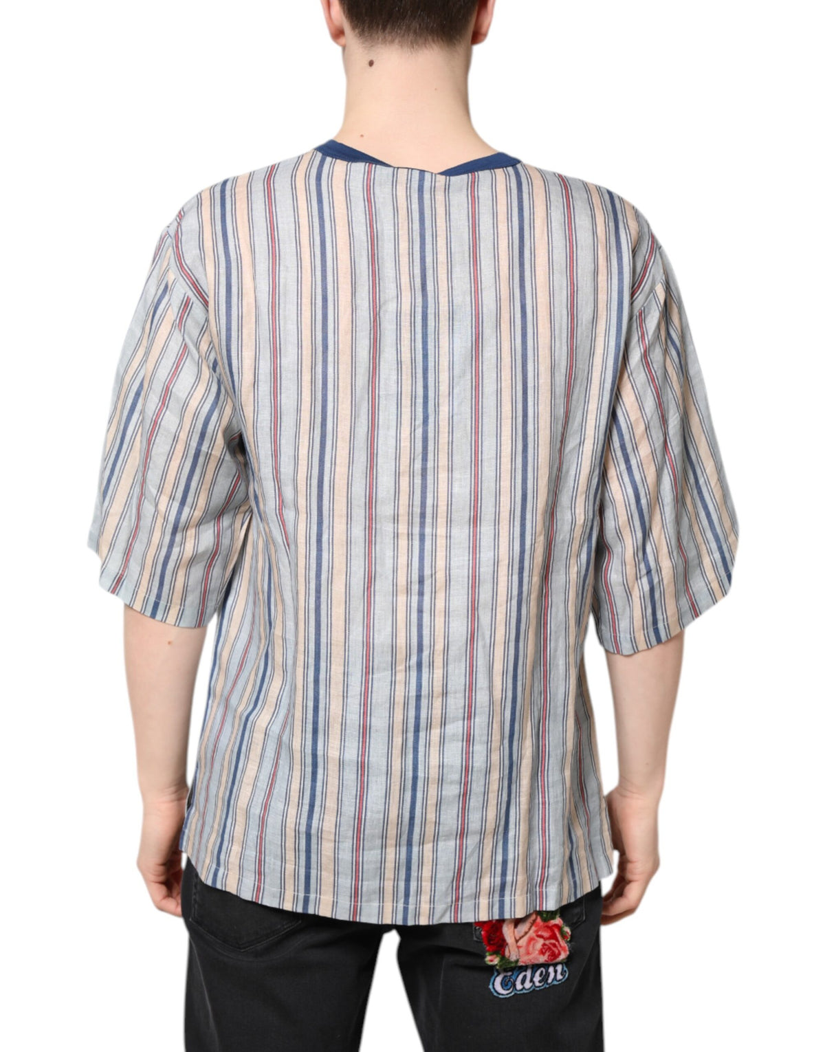 New Dolce & Gabbana Striped Pin Up Linen Round Neck T-shirt