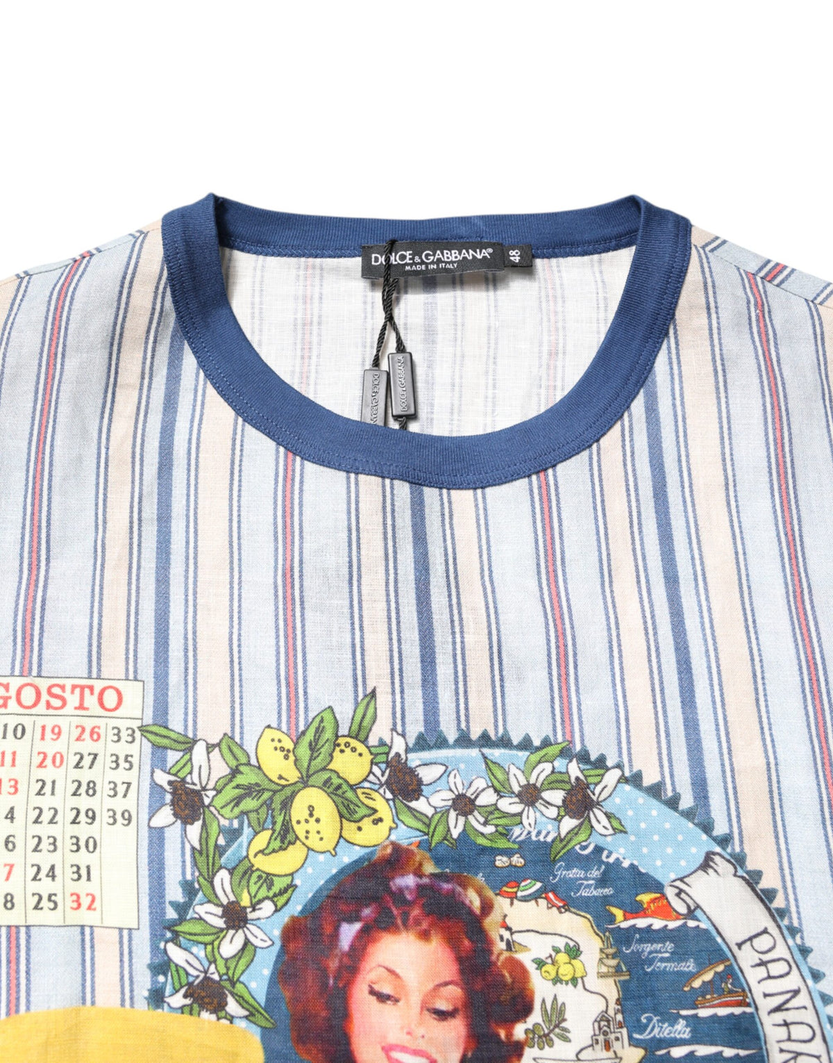 New Dolce & Gabbana Striped Pin Up Linen Round Neck T-shirt