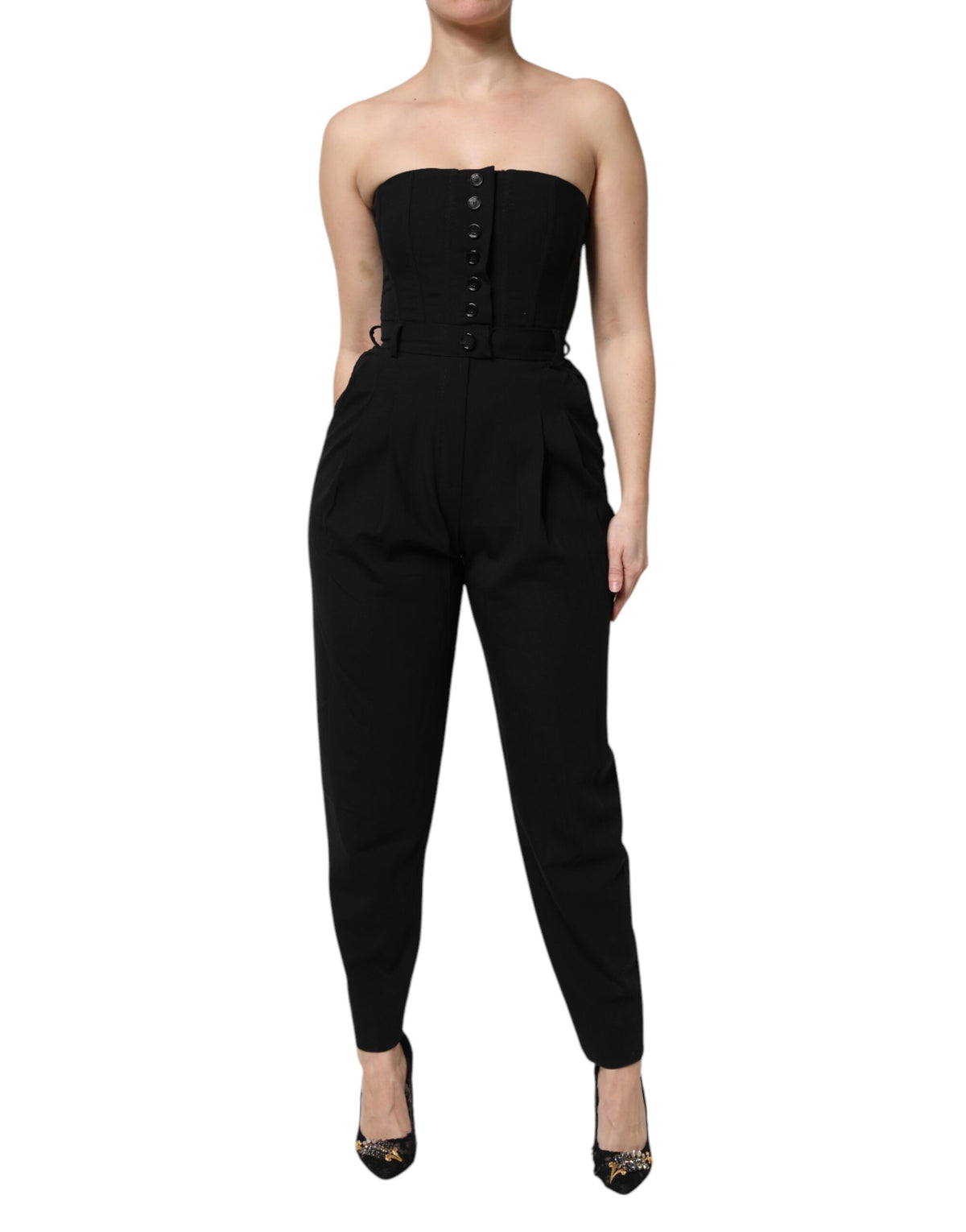 New Dolce & Gabbana Black Wool Strapless Romper Jumpsuit Dress