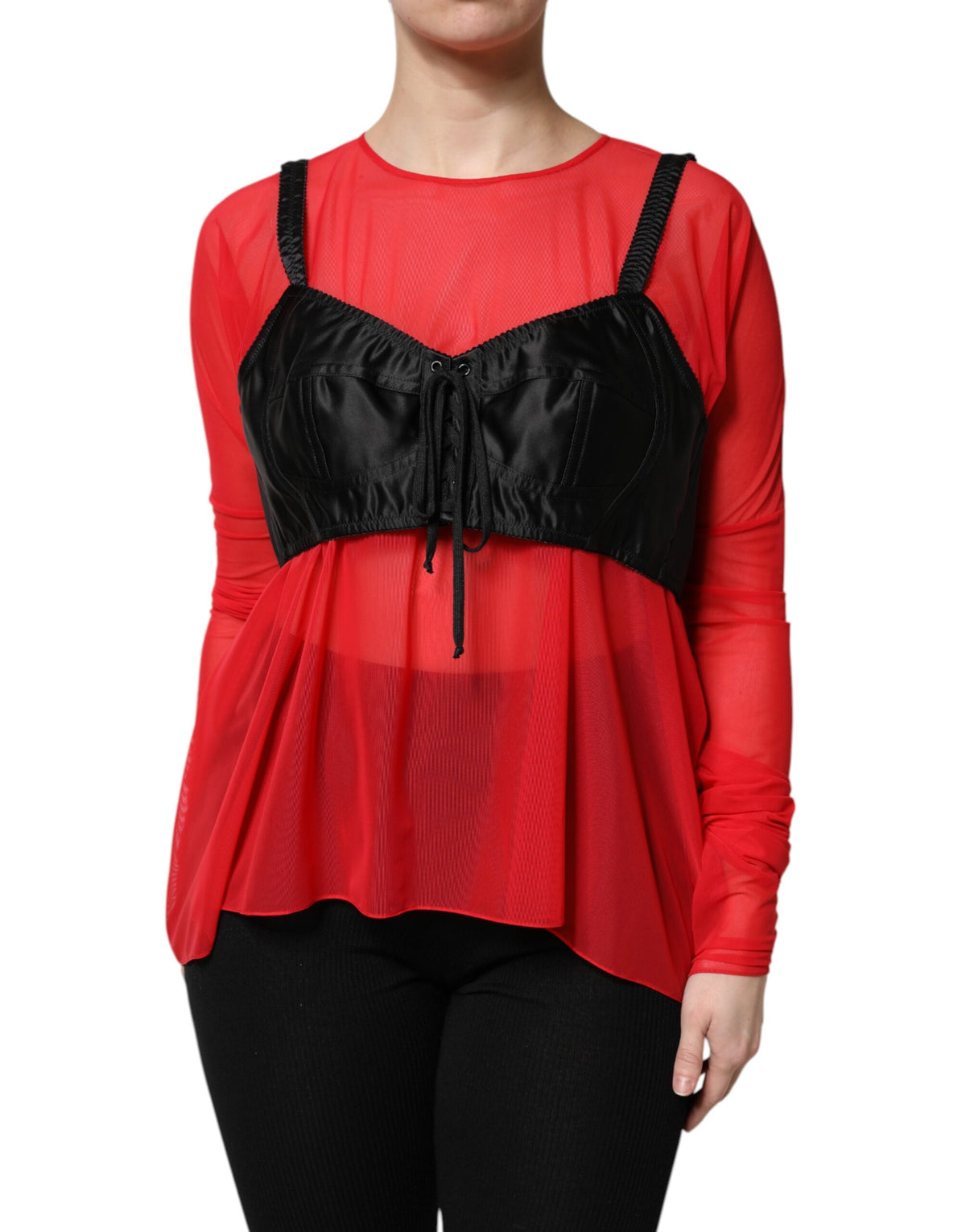New Dolce & Gabbana Red Black Bustier Detailing Long Sleeves Top