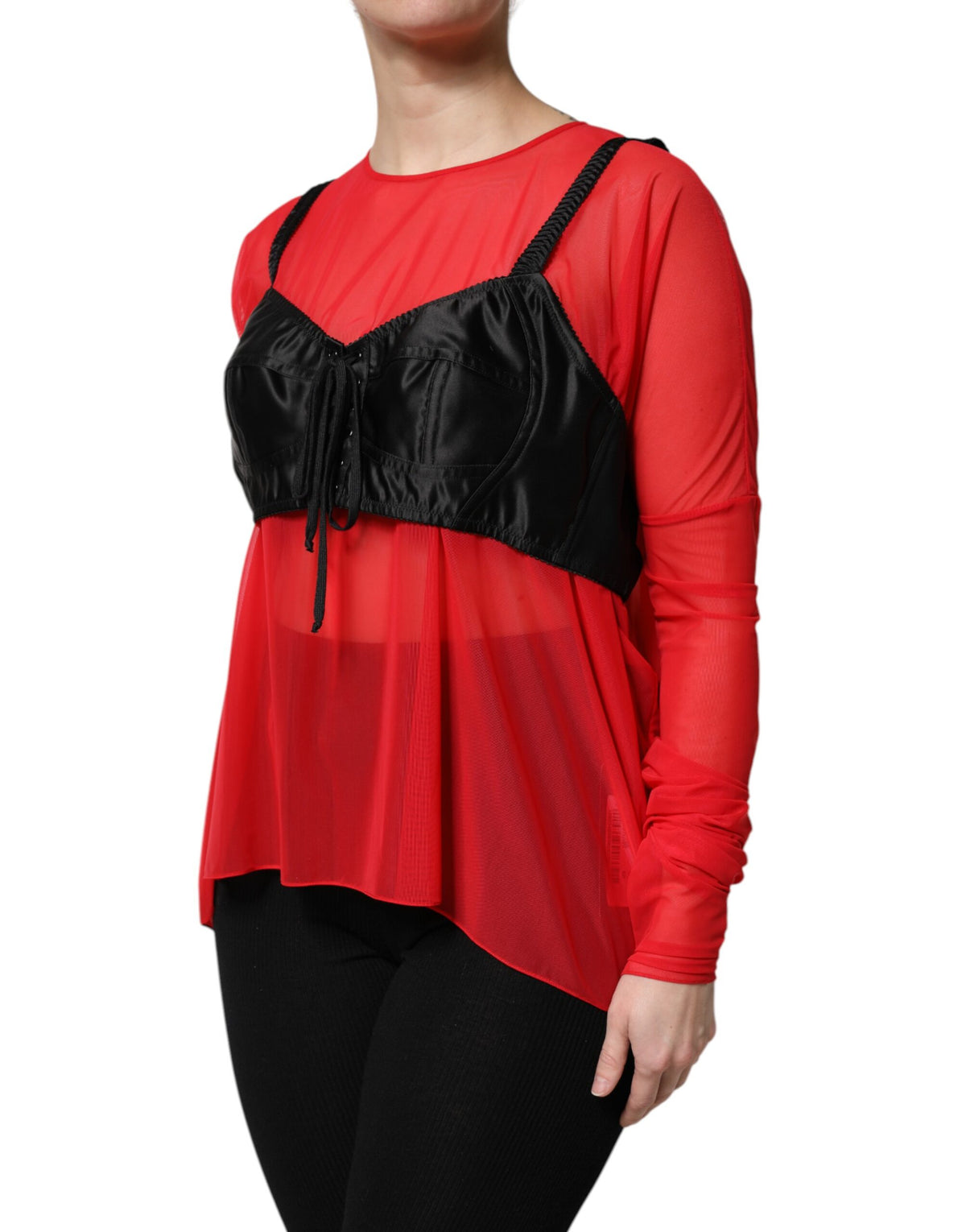 New Dolce & Gabbana Red Black Bustier Detailing Long Sleeves Top