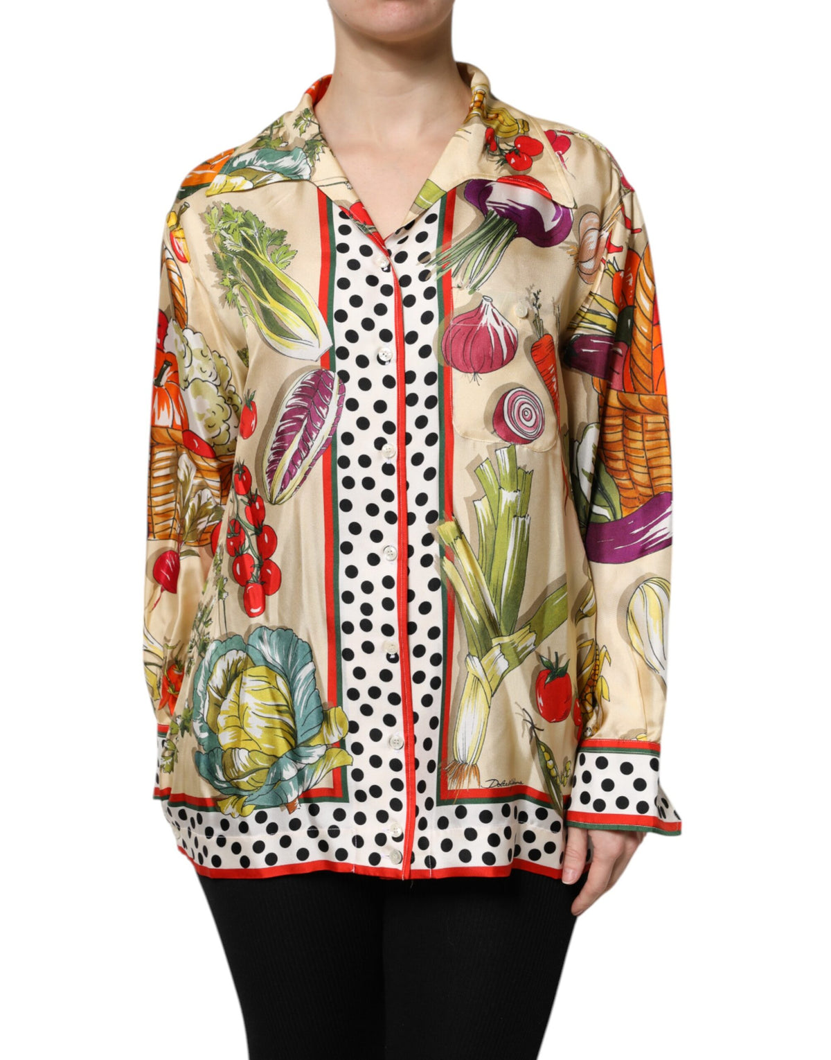 New Dolce & Gabbana Multicolor Vegetables Silk Long Sleeves Top