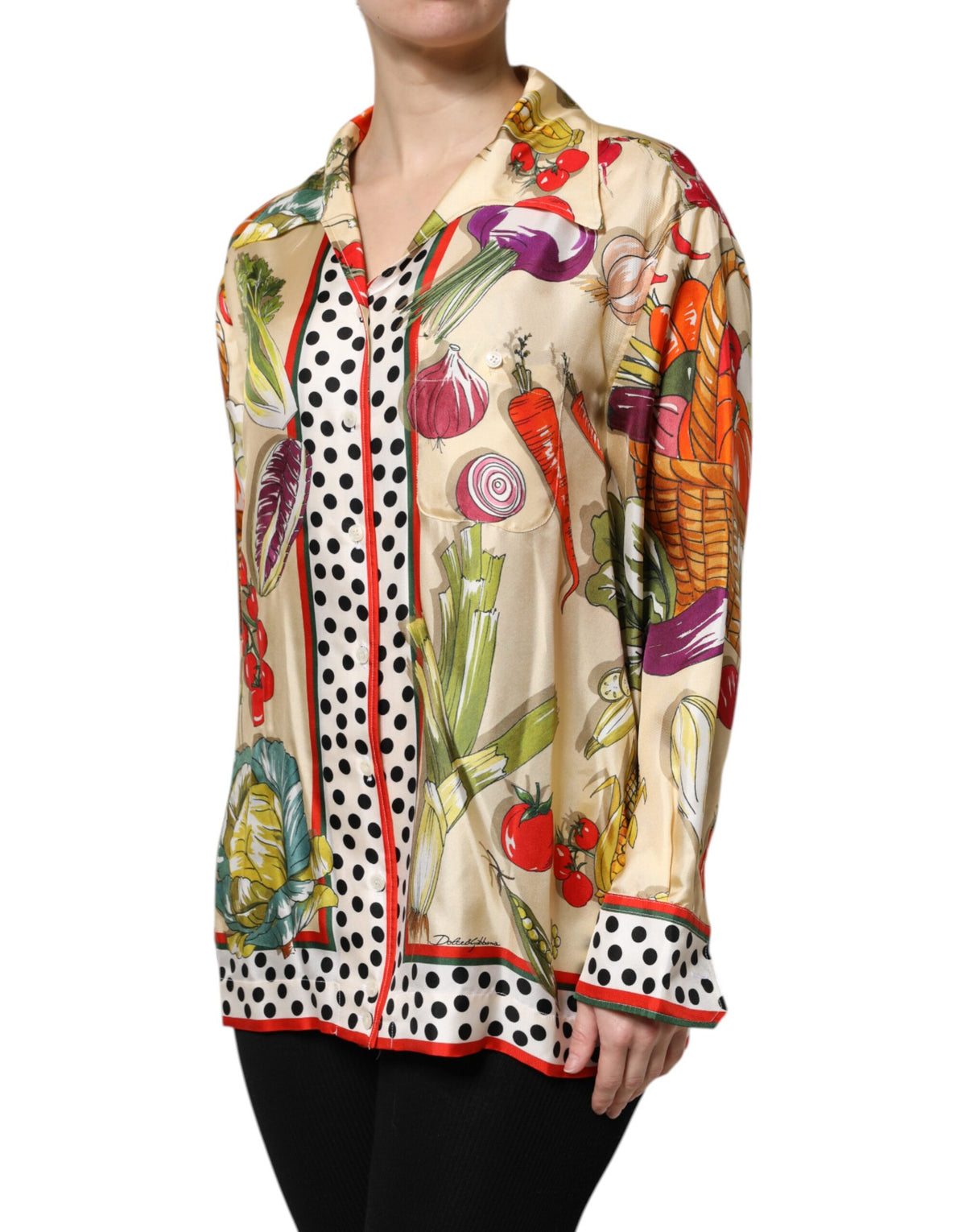 New Dolce & Gabbana Multicolor Vegetables Silk Long Sleeves Top