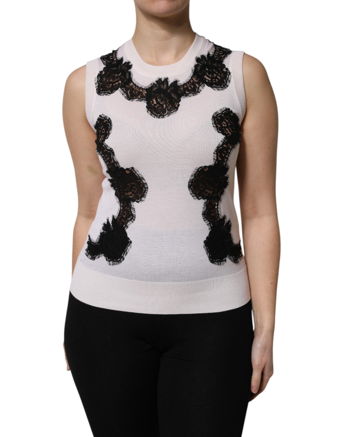 New Dolce & Gabbana White Cashmere Floral Lace Detailing Tank Top