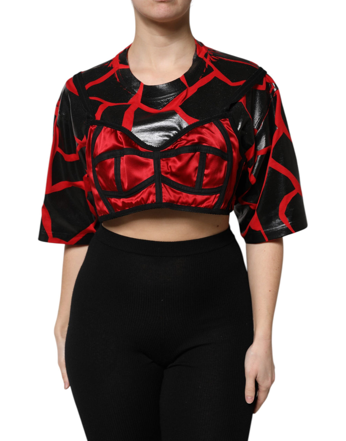 New Dolce & Gabbana Red Black Cotton Bustier Detailing Cropped Top