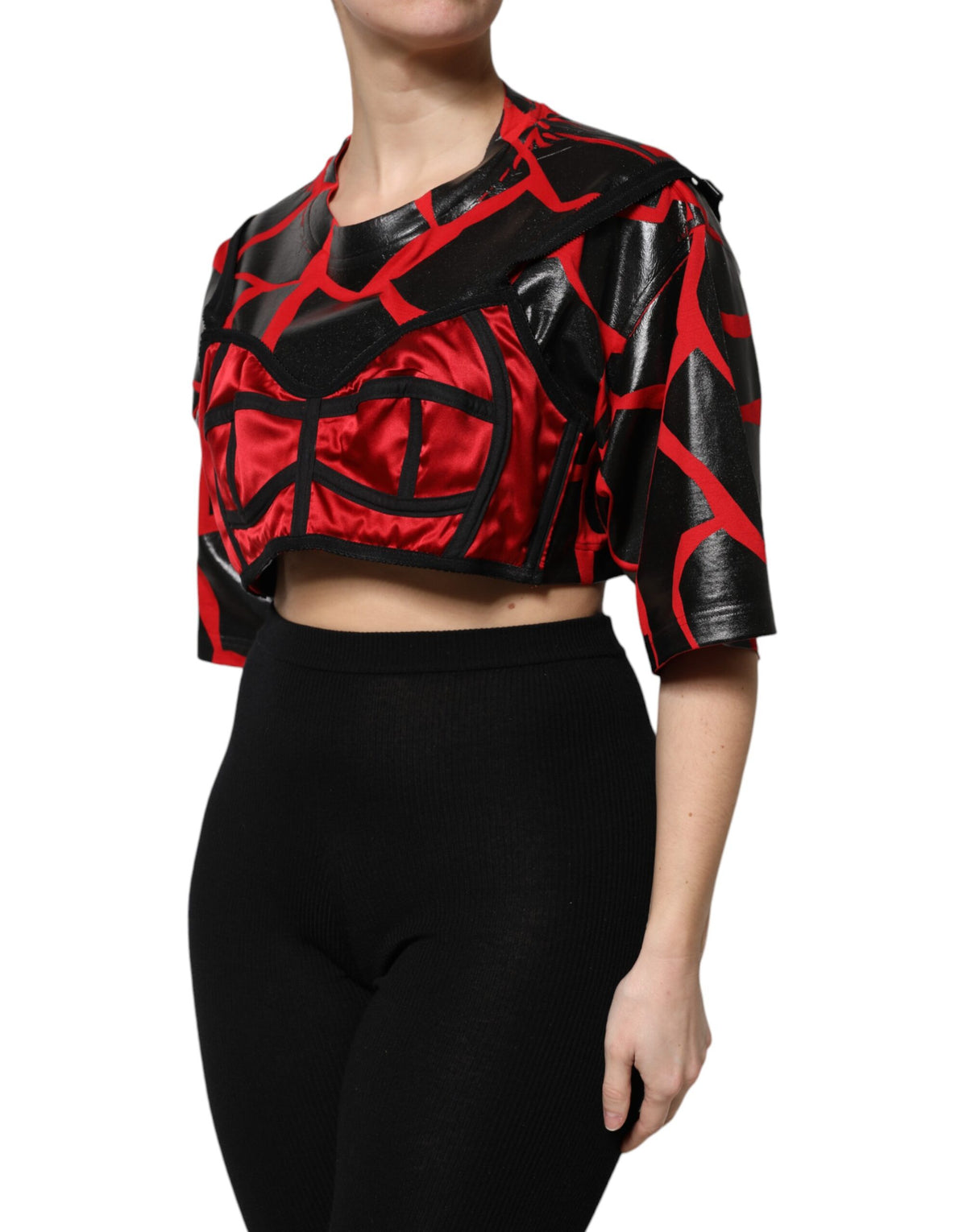 New Dolce & Gabbana Red Black Cotton Bustier Detailing Cropped Top