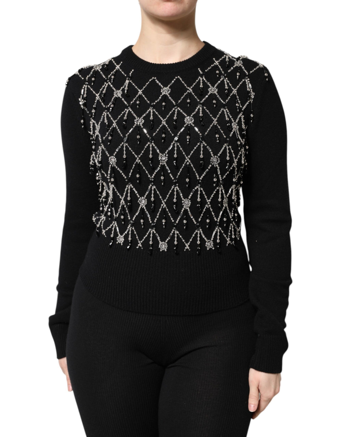 New Dolce & Gabbana Black Cashmere Embellished Long Sleeves Top