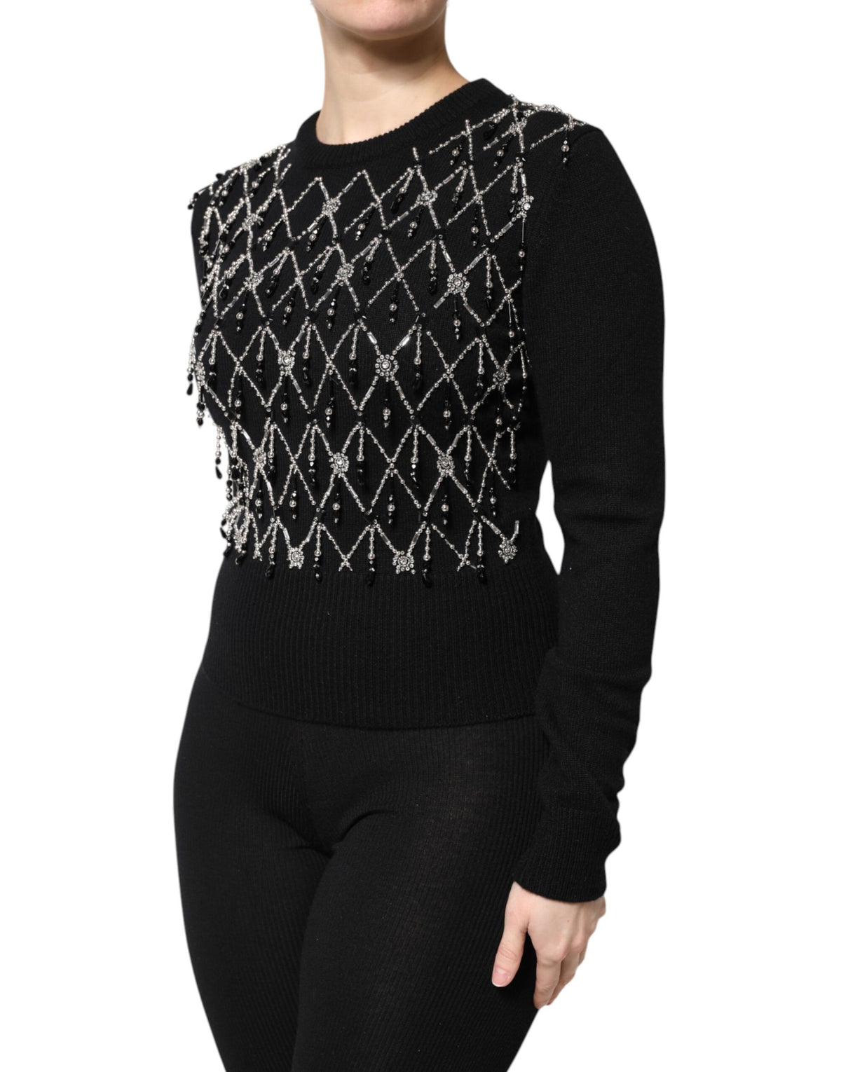 New Dolce & Gabbana Black Cashmere Embellished Long Sleeves Top
