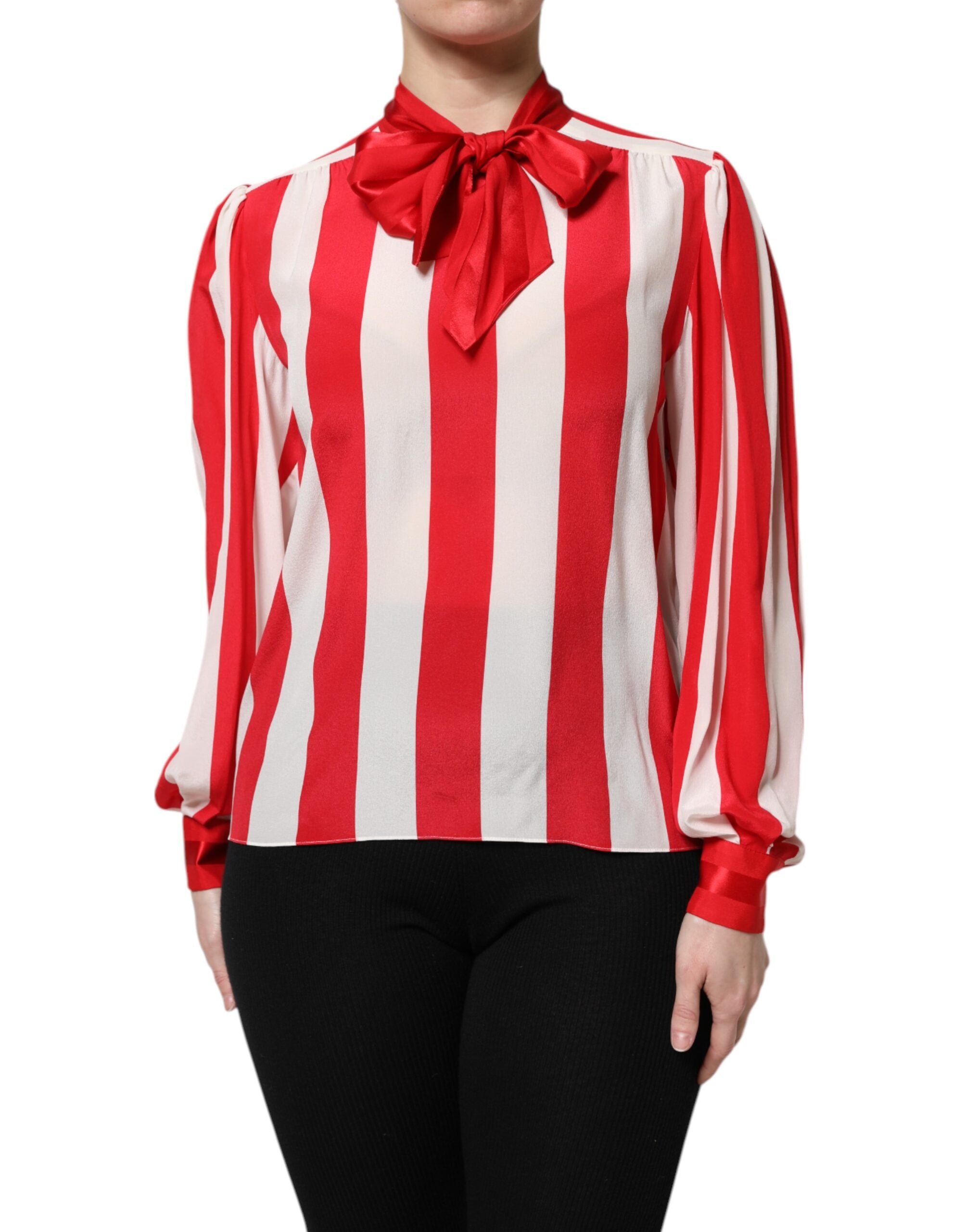 New Dolce & Gabbana Red White Stripes Ascot Collar Blouse Top