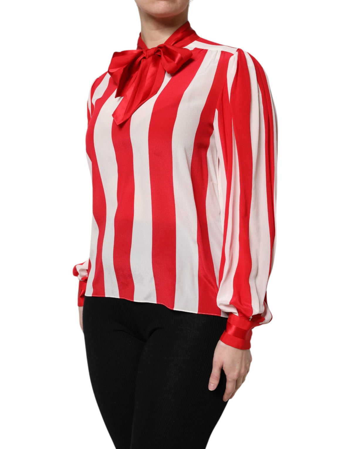 New Dolce & Gabbana Red White Stripes Ascot Collar Blouse Top