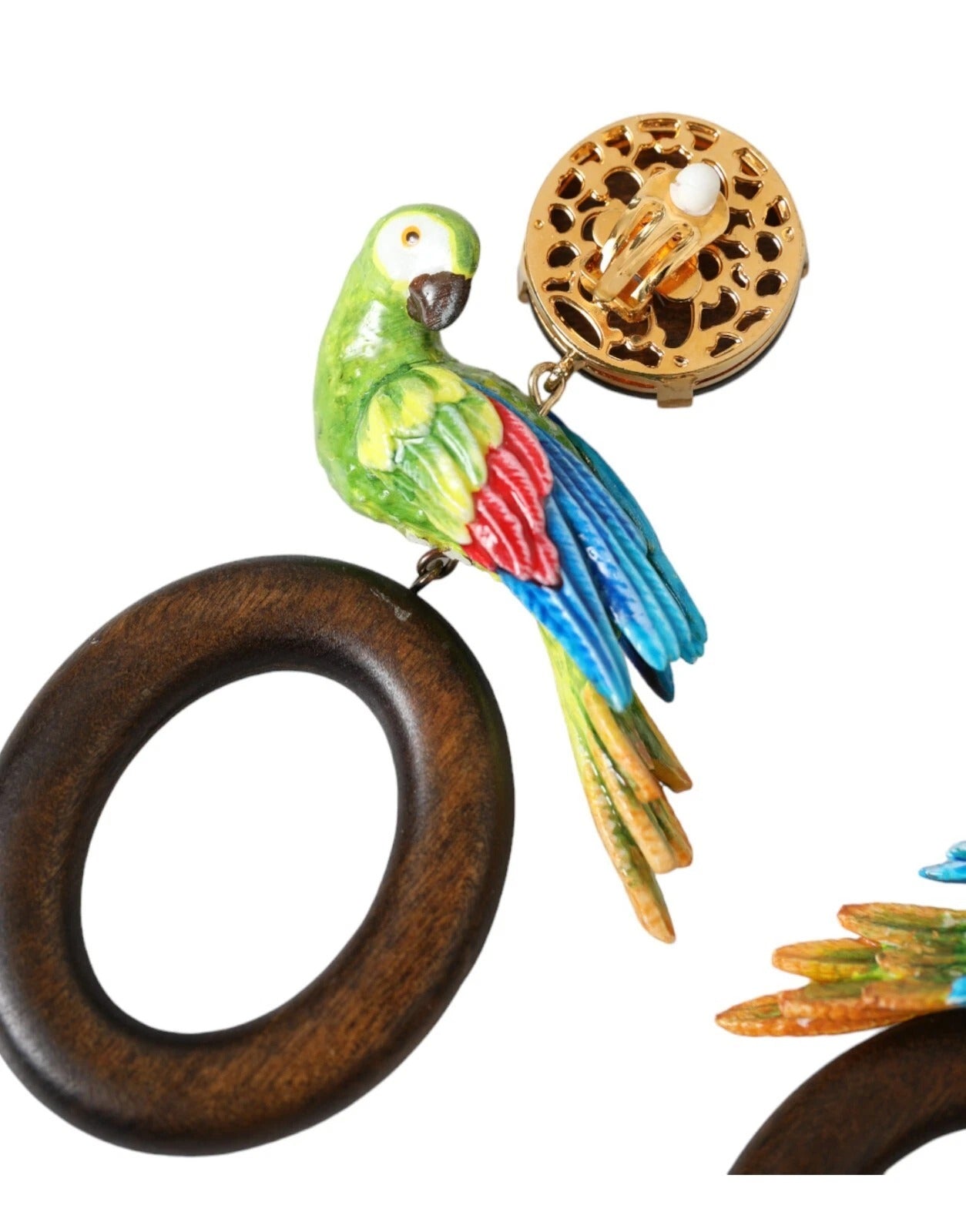 Pre-Owned Dolce & Gabbana Multicolor Parrot Wood Brass Crystal Embellished Earrings
