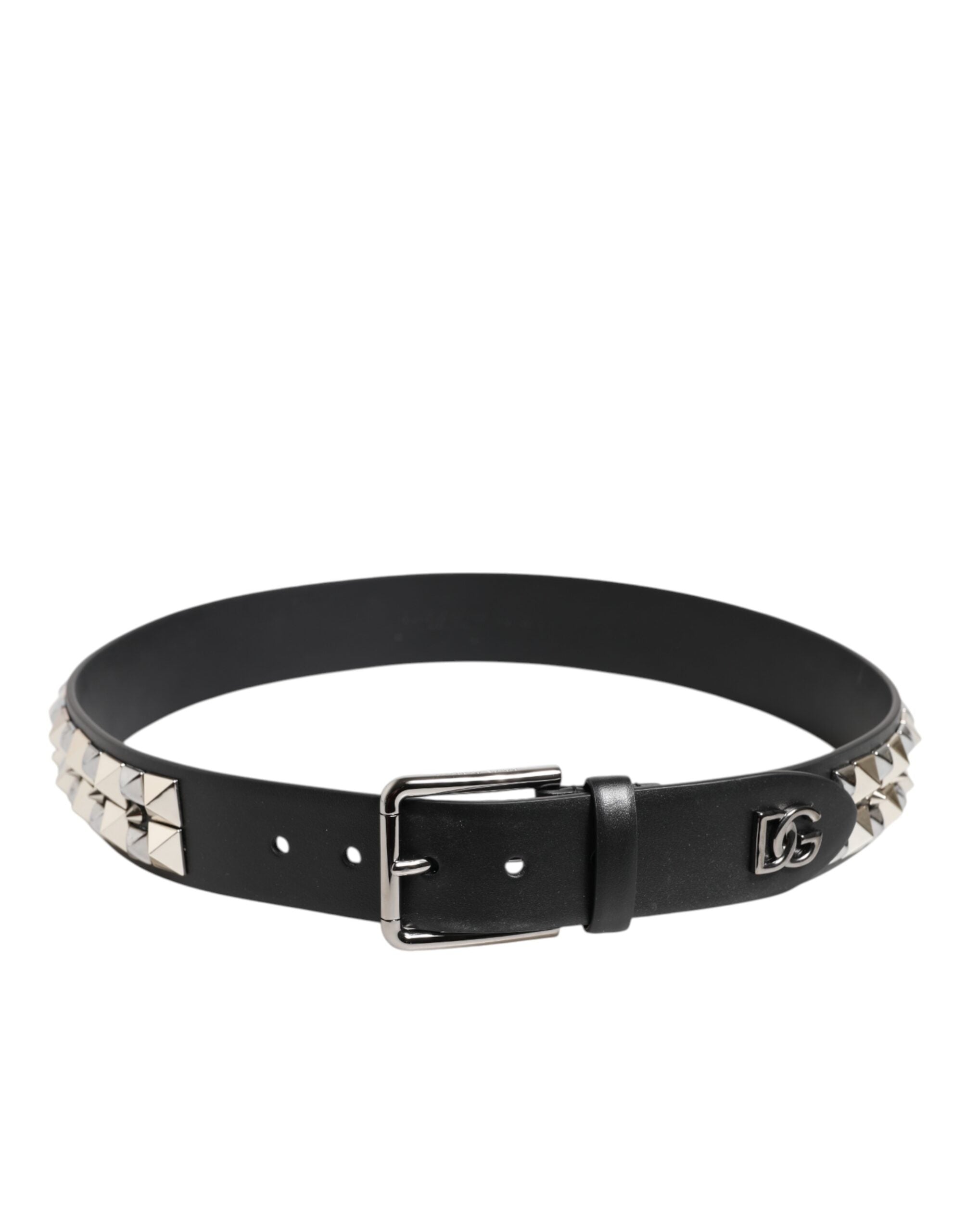 New Dolce & Gabbana Black Calf Leather Studded Silver Buckle Belt