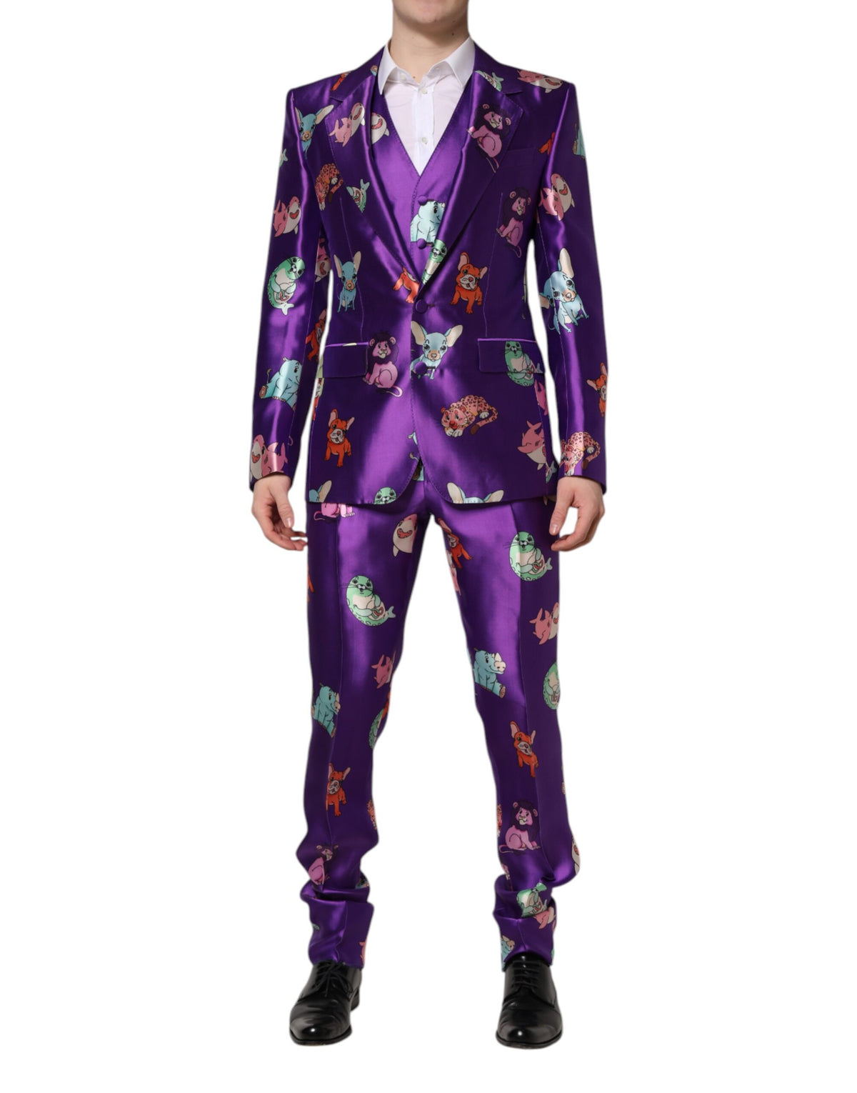 New Dolce & Gabbana Purple Silk Animal Print 3 Piece Suit