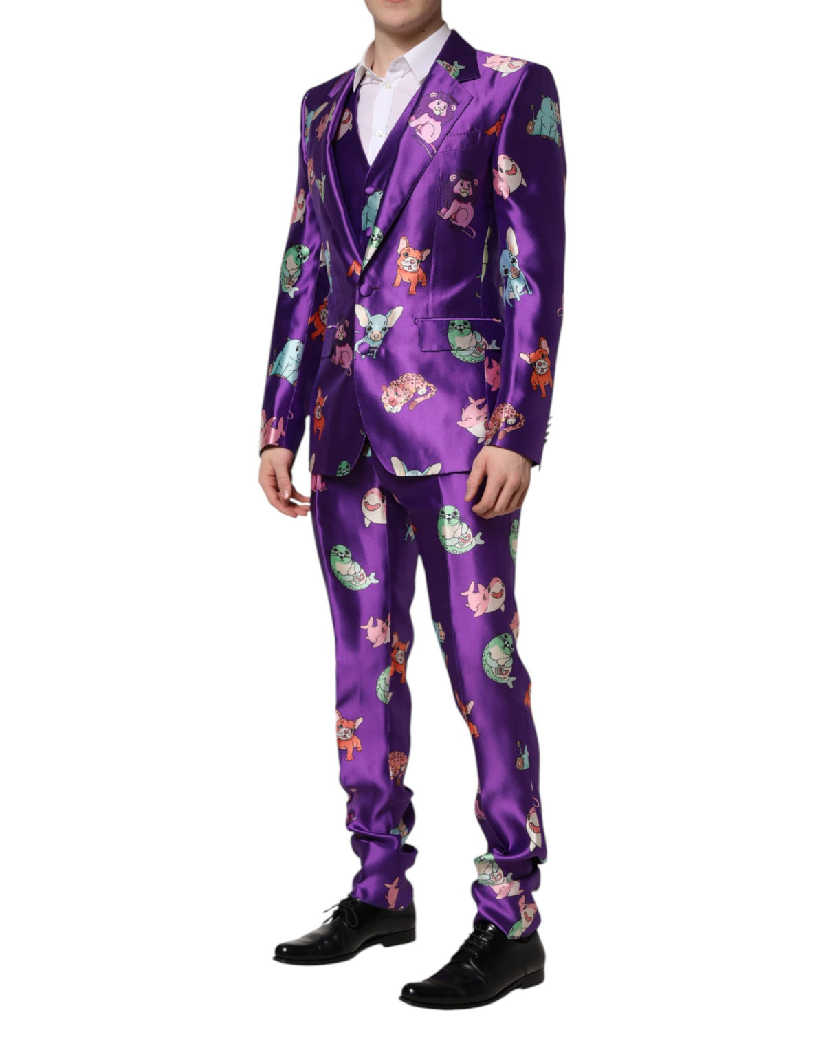 New Dolce & Gabbana Purple Silk Animal Print 3 Piece Suit