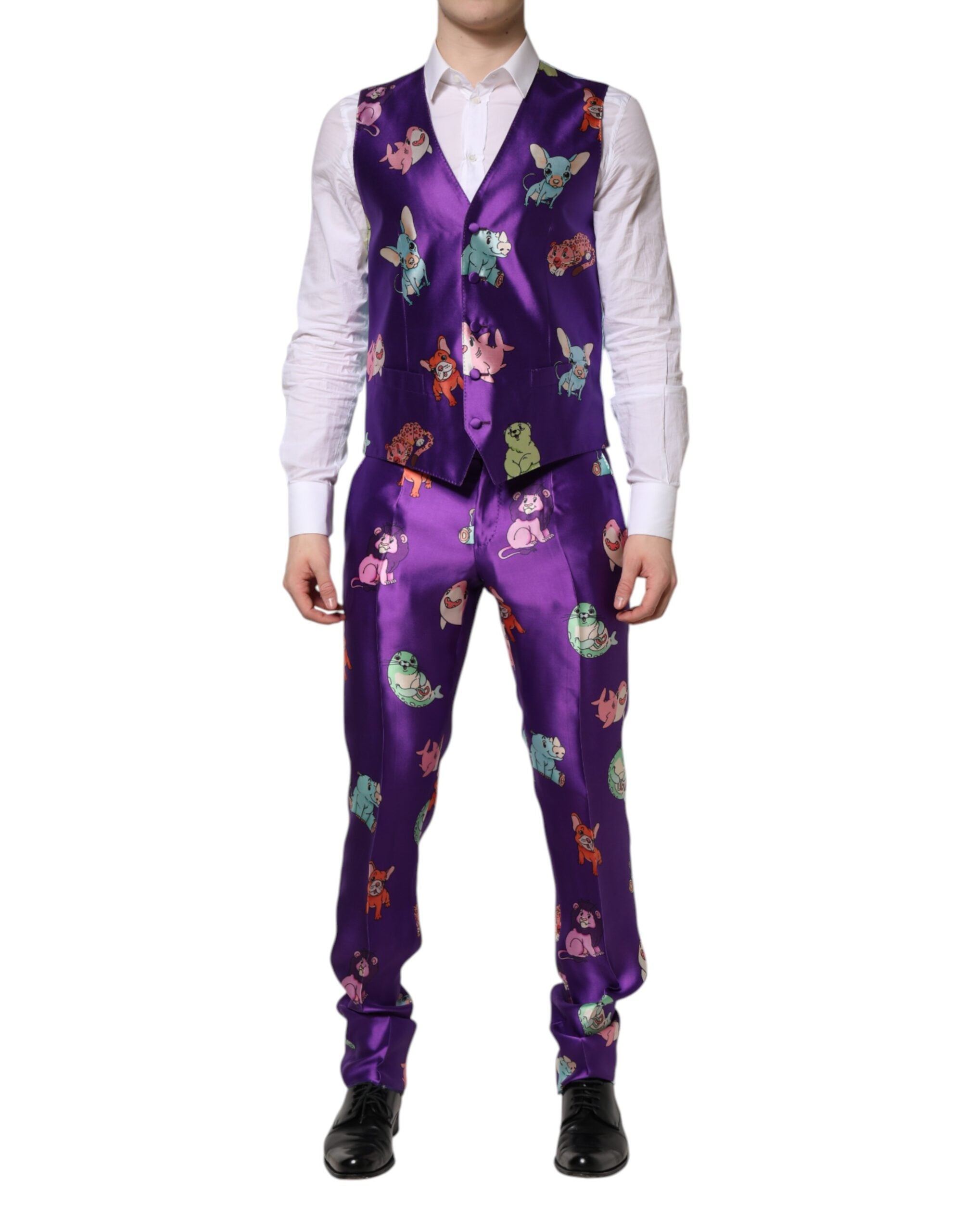 New Dolce & Gabbana Purple Silk Animal Print 3 Piece Suit