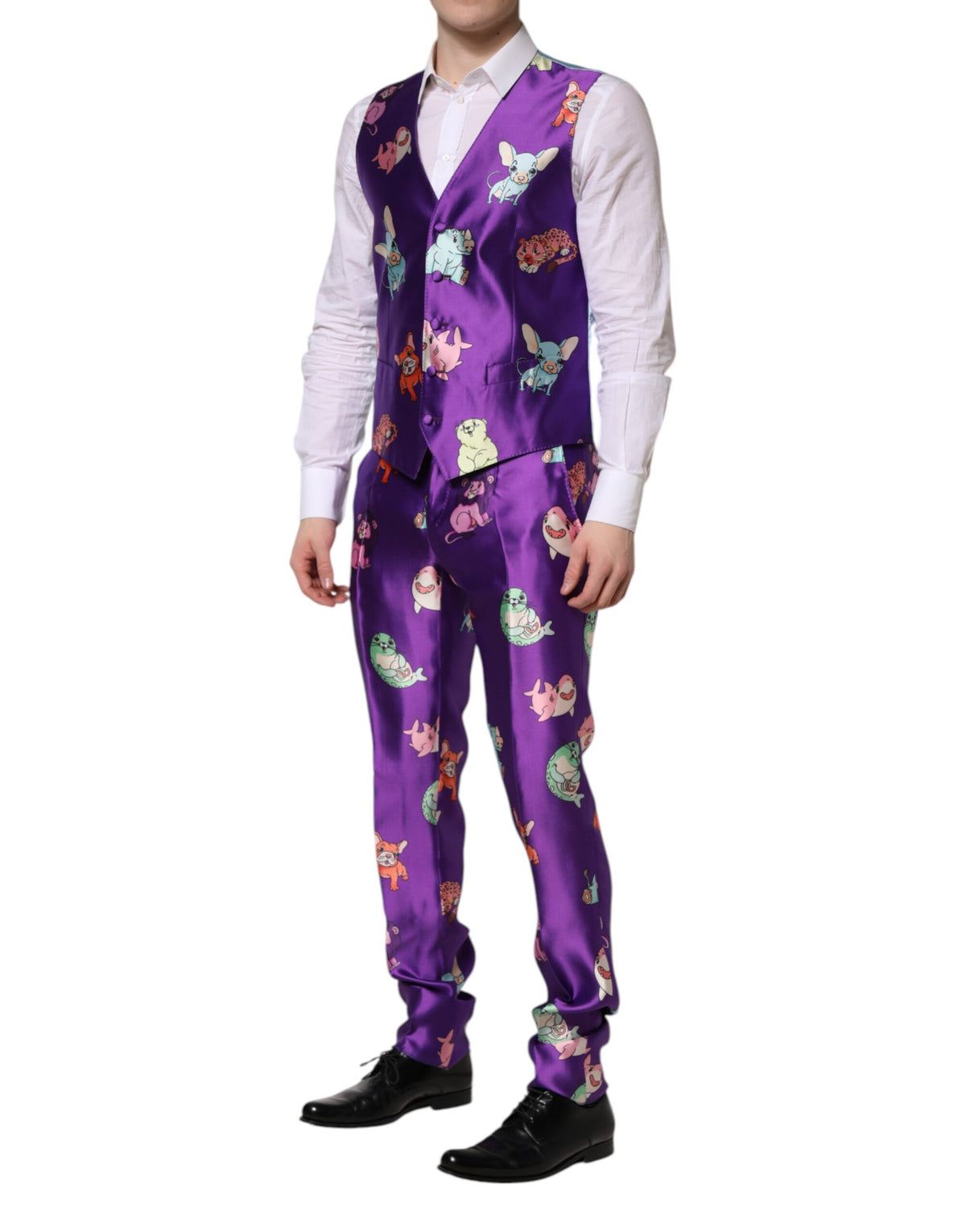 New Dolce & Gabbana Purple Silk Animal Print 3 Piece Suit