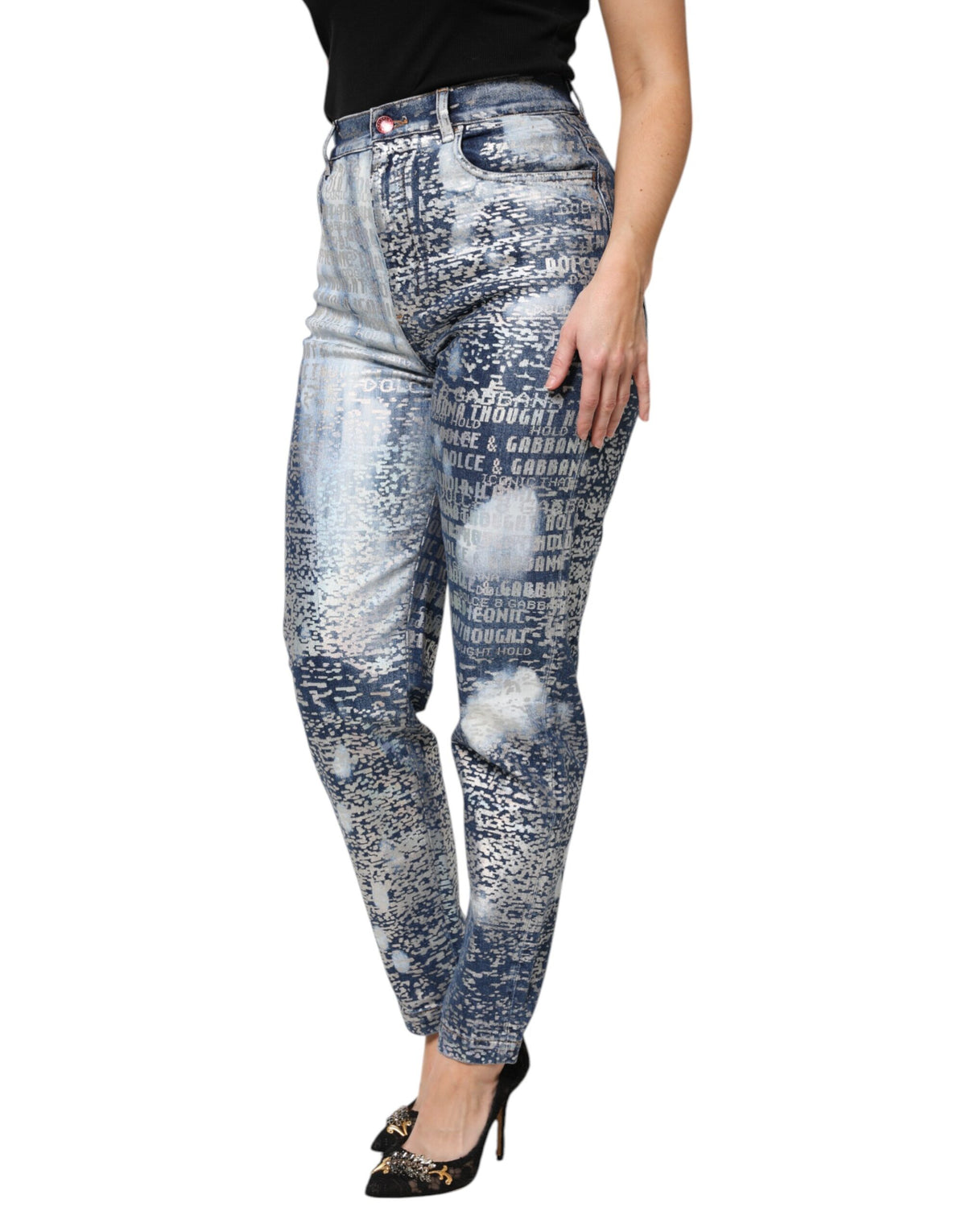 New Dolce & Gabbana Blue Washed Print High Waist Denim Jeans