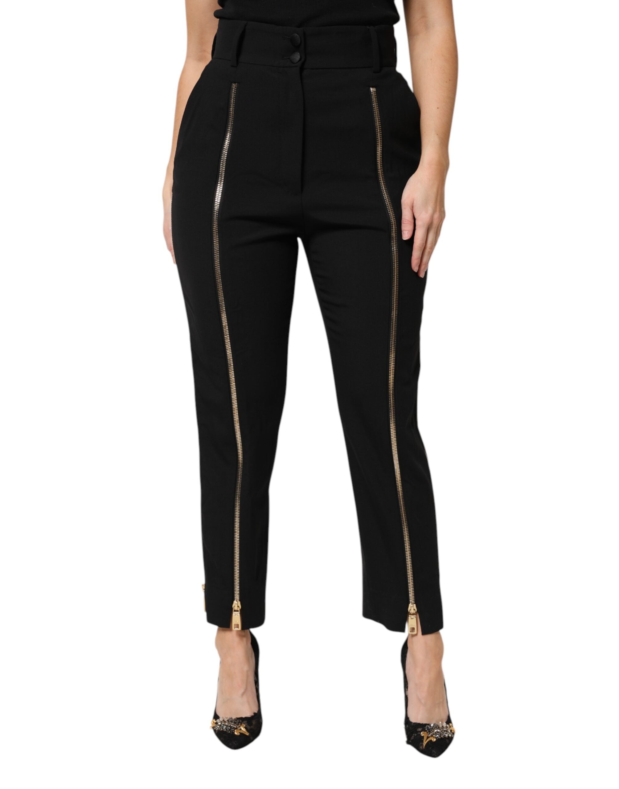 New Dolce & Gabbana Black Wool High Waist Zipper Tapered Pants