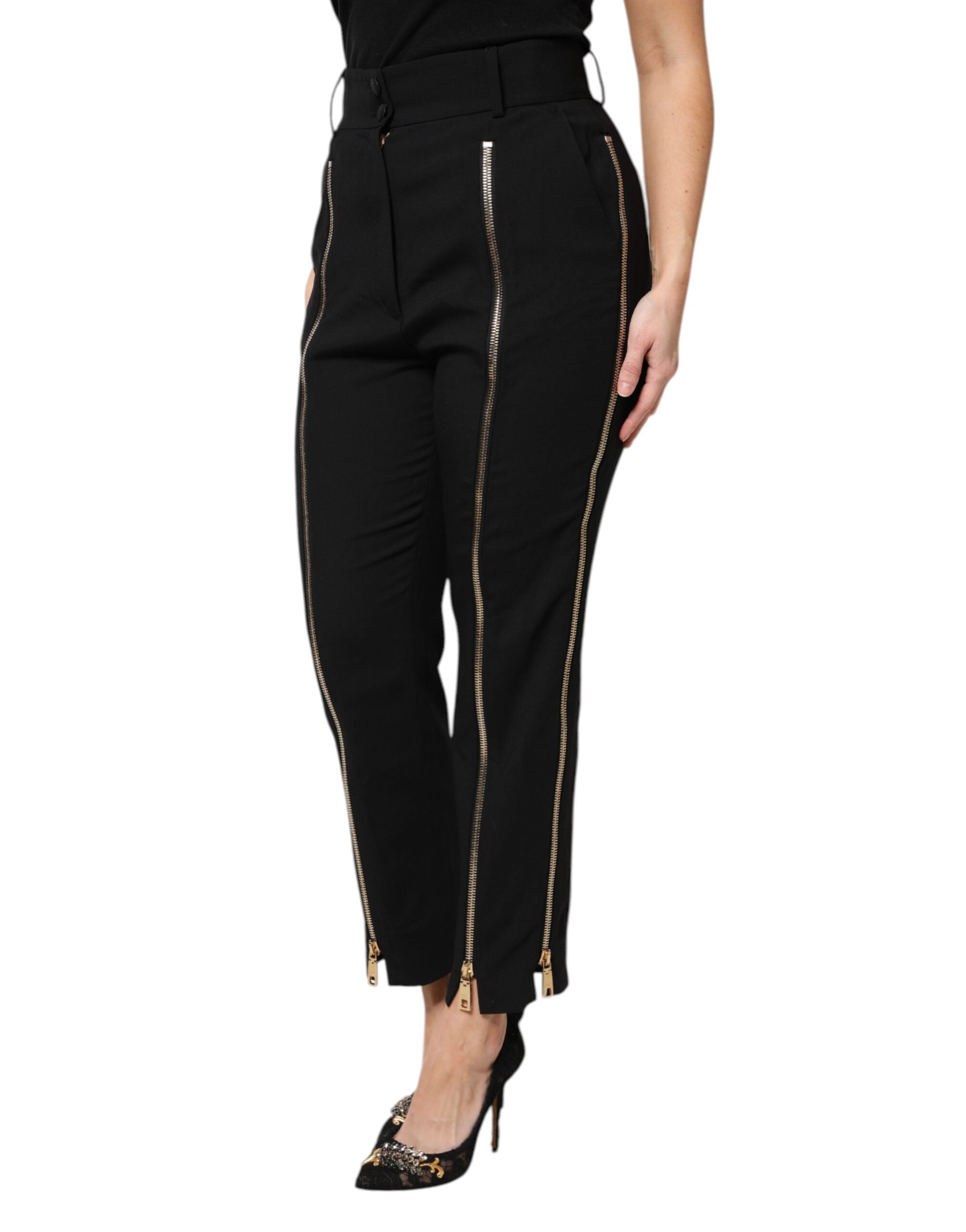 New Dolce & Gabbana Black Wool High Waist Zipper Tapered Pants
