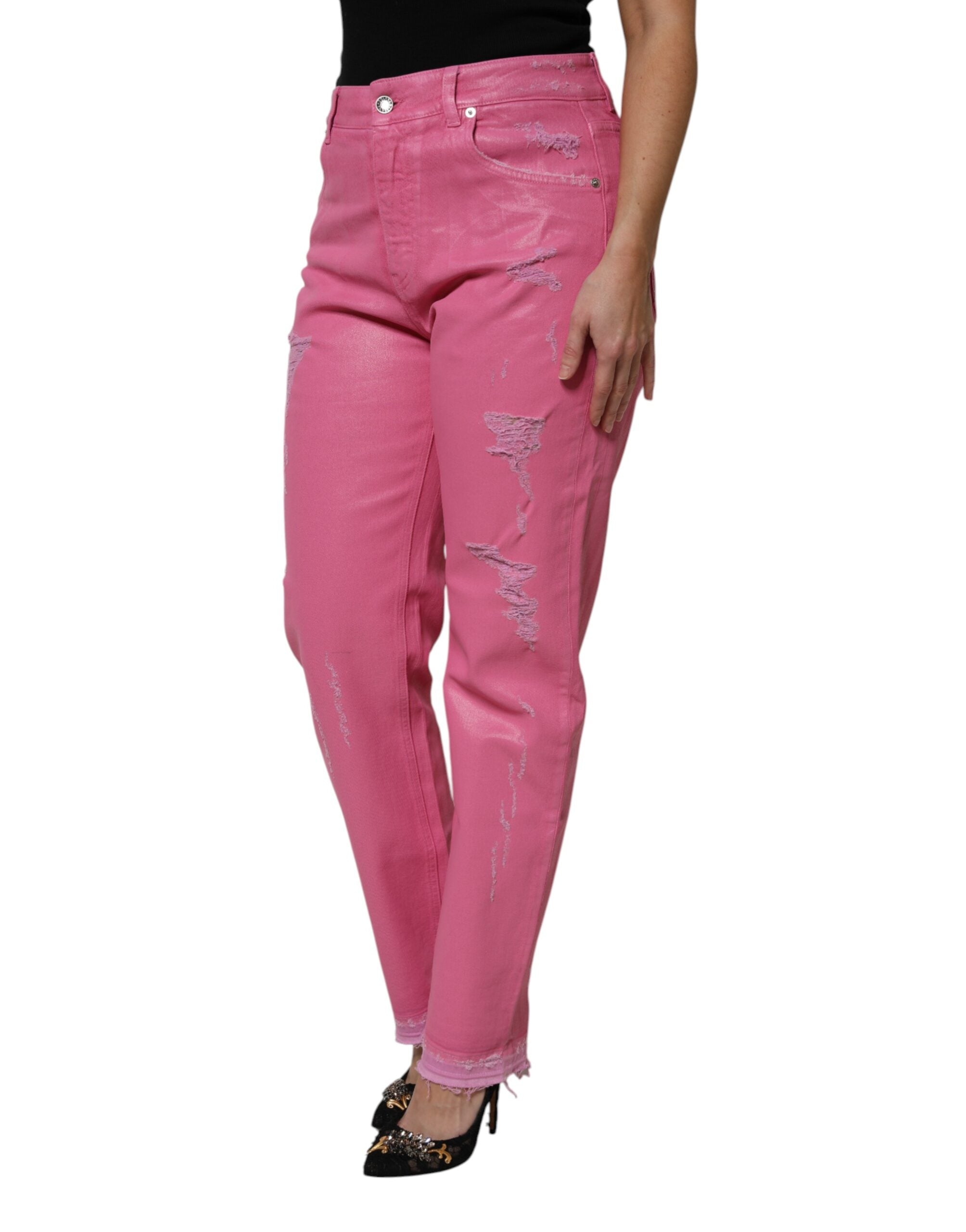 New Dolce & Gabbana Pink Tattered Mid Waist Tapered Denim Jeans