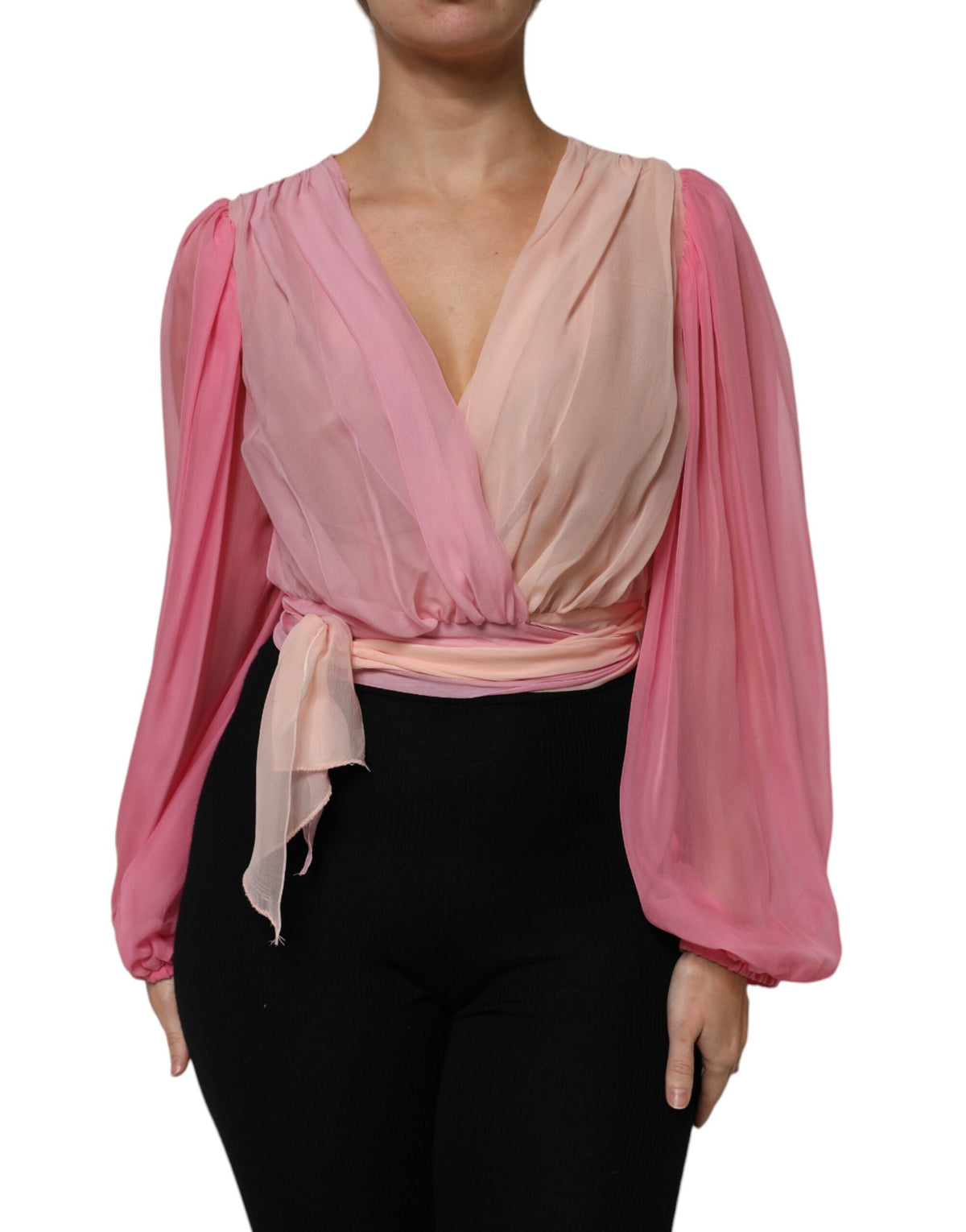 New Dolce & Gabbana Pink Plunging V-neck Long Sleeves Blouse Top