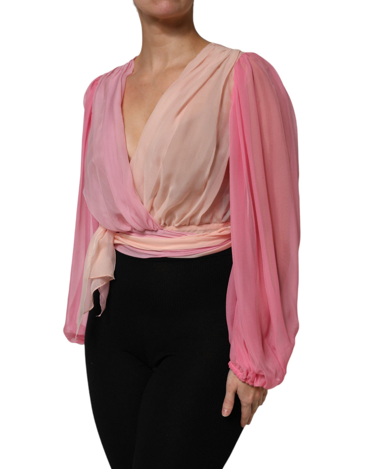 New Dolce & Gabbana Pink Plunging V-neck Long Sleeves Blouse Top
