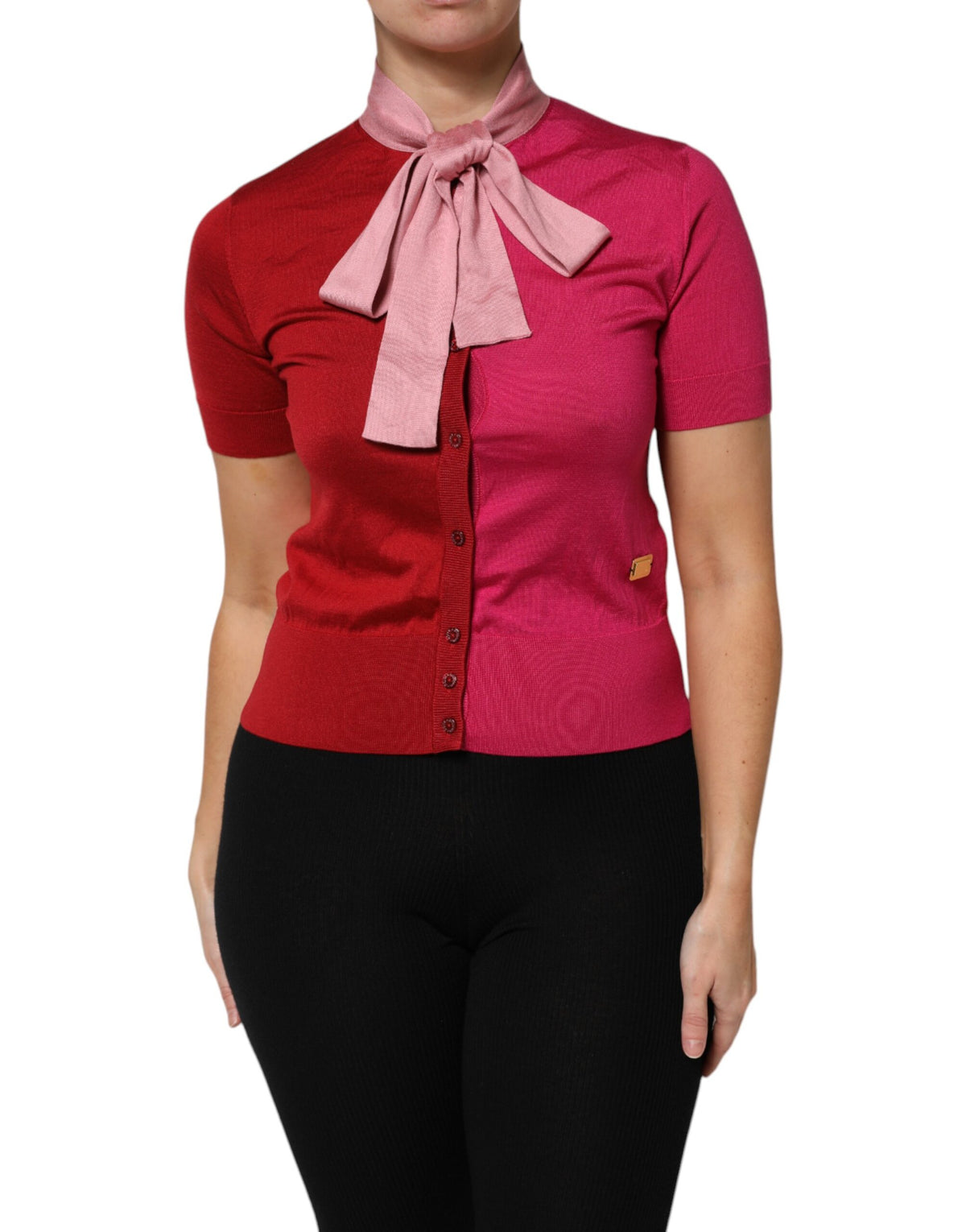 New Dolce & Gabbana Pink Short Sleeves Buttoned Ascot Collar Top