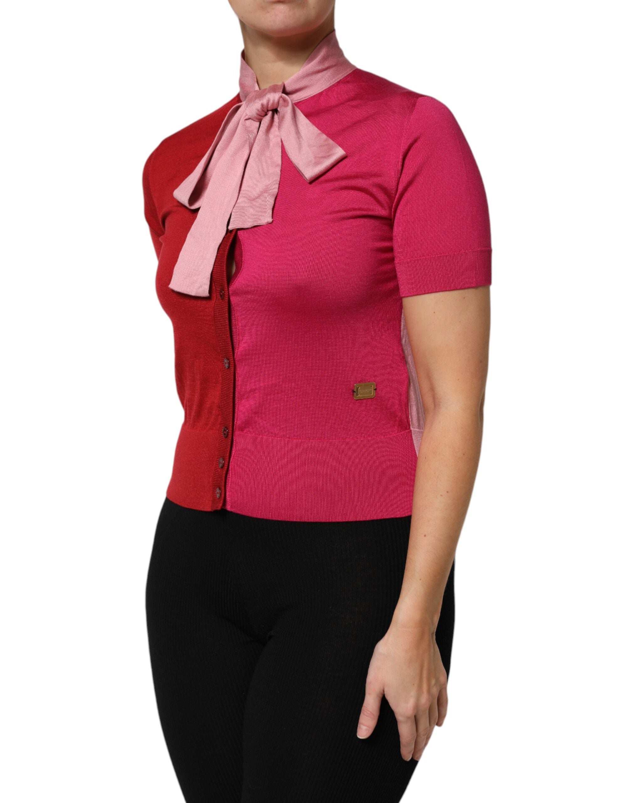 New Dolce & Gabbana Pink Short Sleeves Buttoned Ascot Collar Top