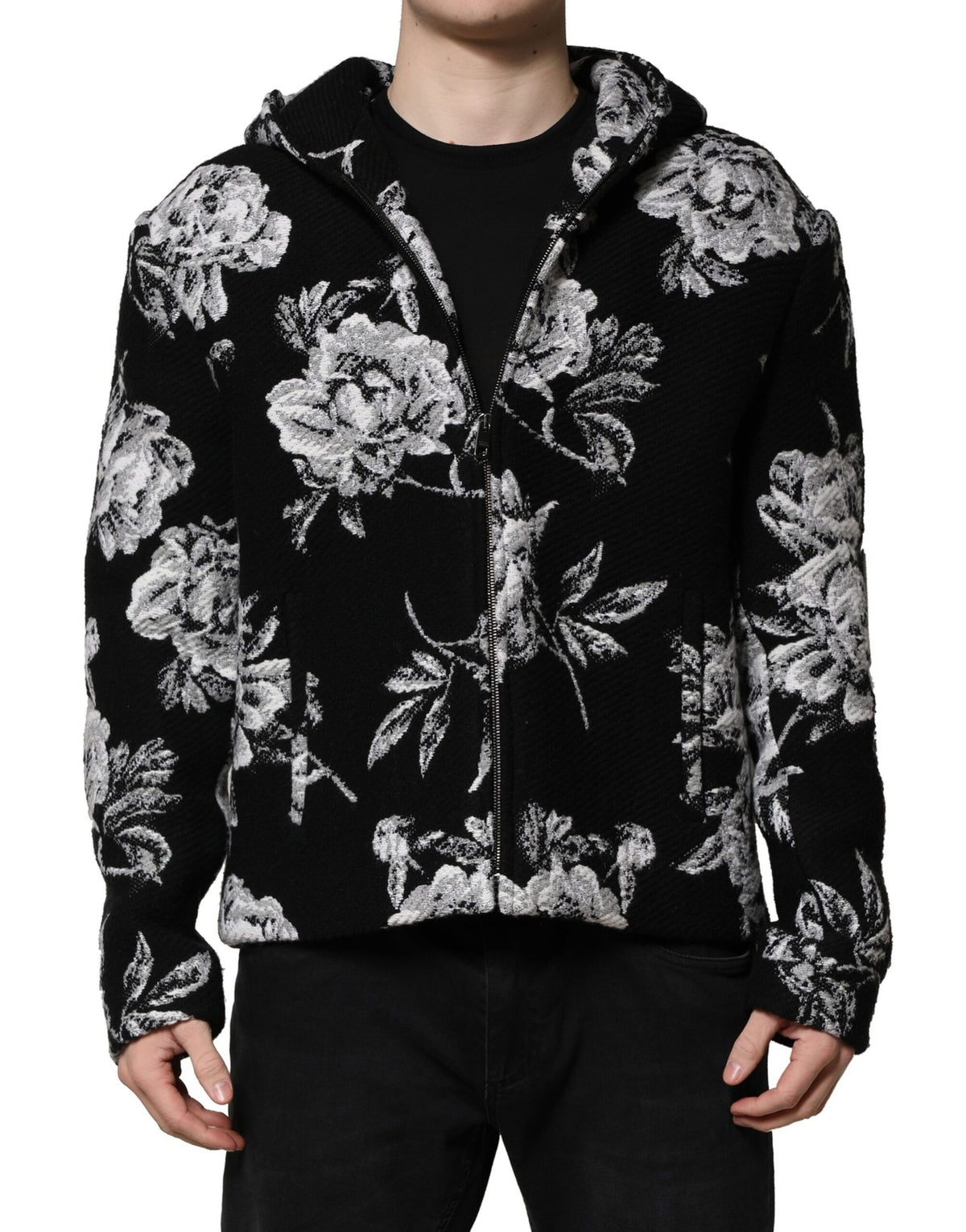 New Dolce & Gabbana Black Wool Floral Printed Men Hooded Jacket