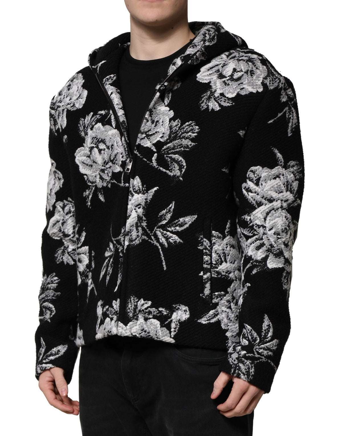 New Dolce & Gabbana Black Wool Floral Printed Men Hooded Jacket