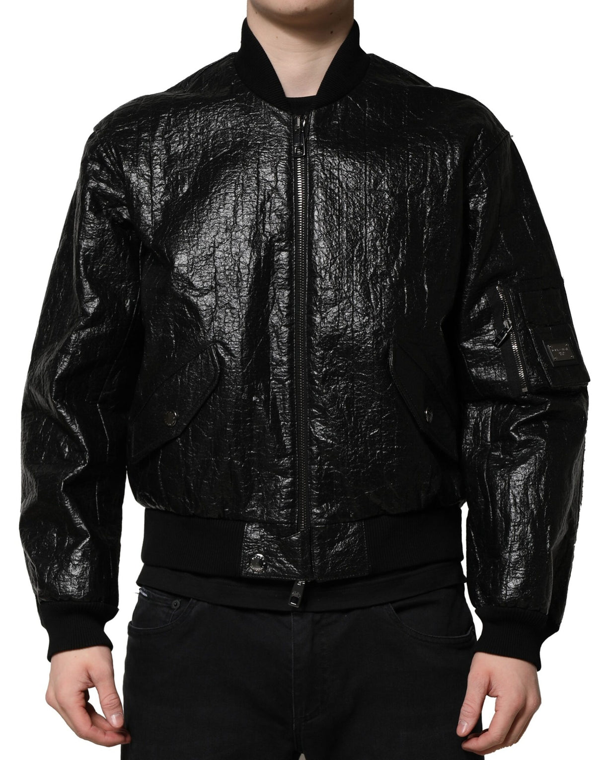 New Dolce & Gabbana Black Logo Plaque Bomber Full Zipper Jacket