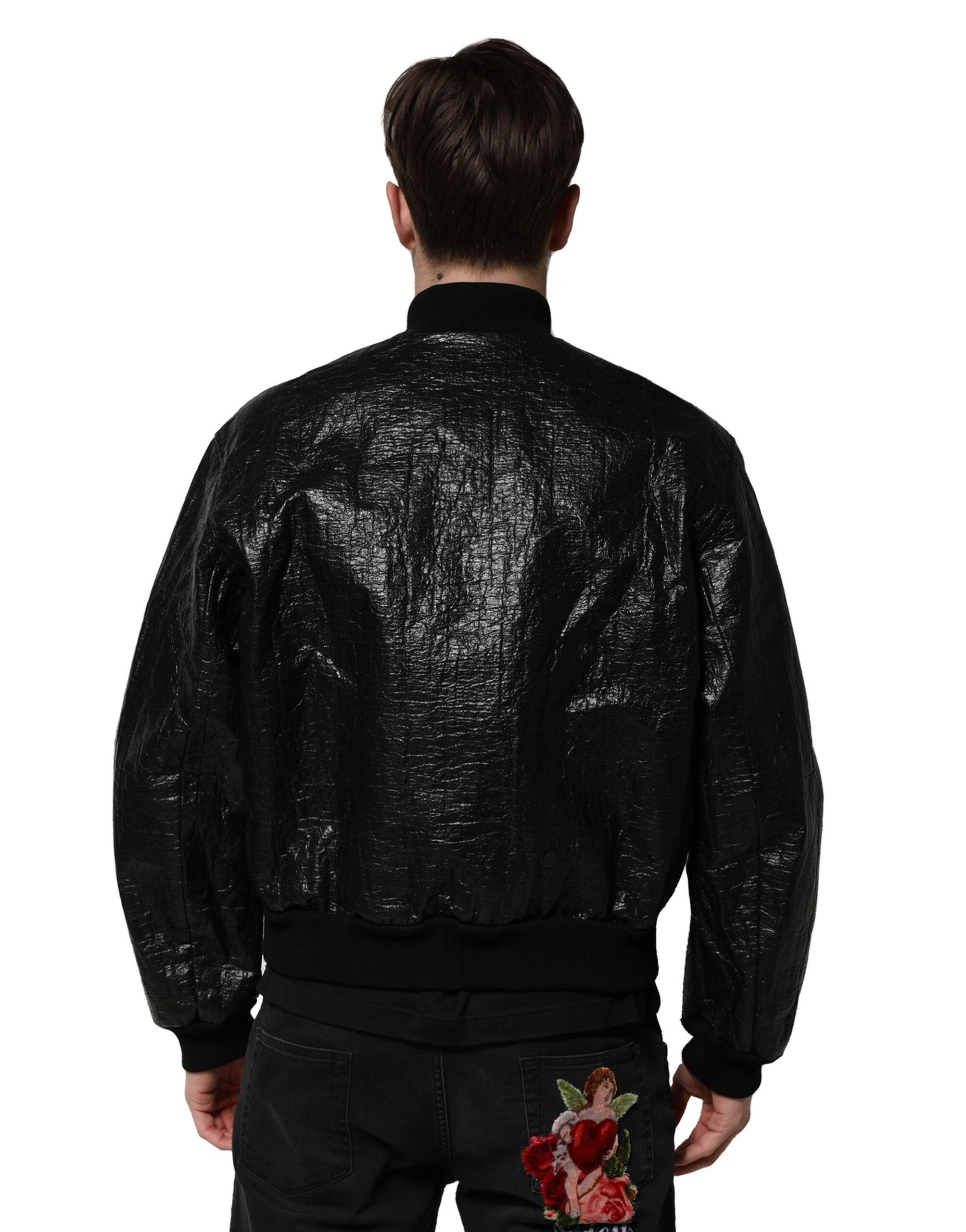 New Dolce & Gabbana Black Logo Plaque Bomber Full Zipper Jacket