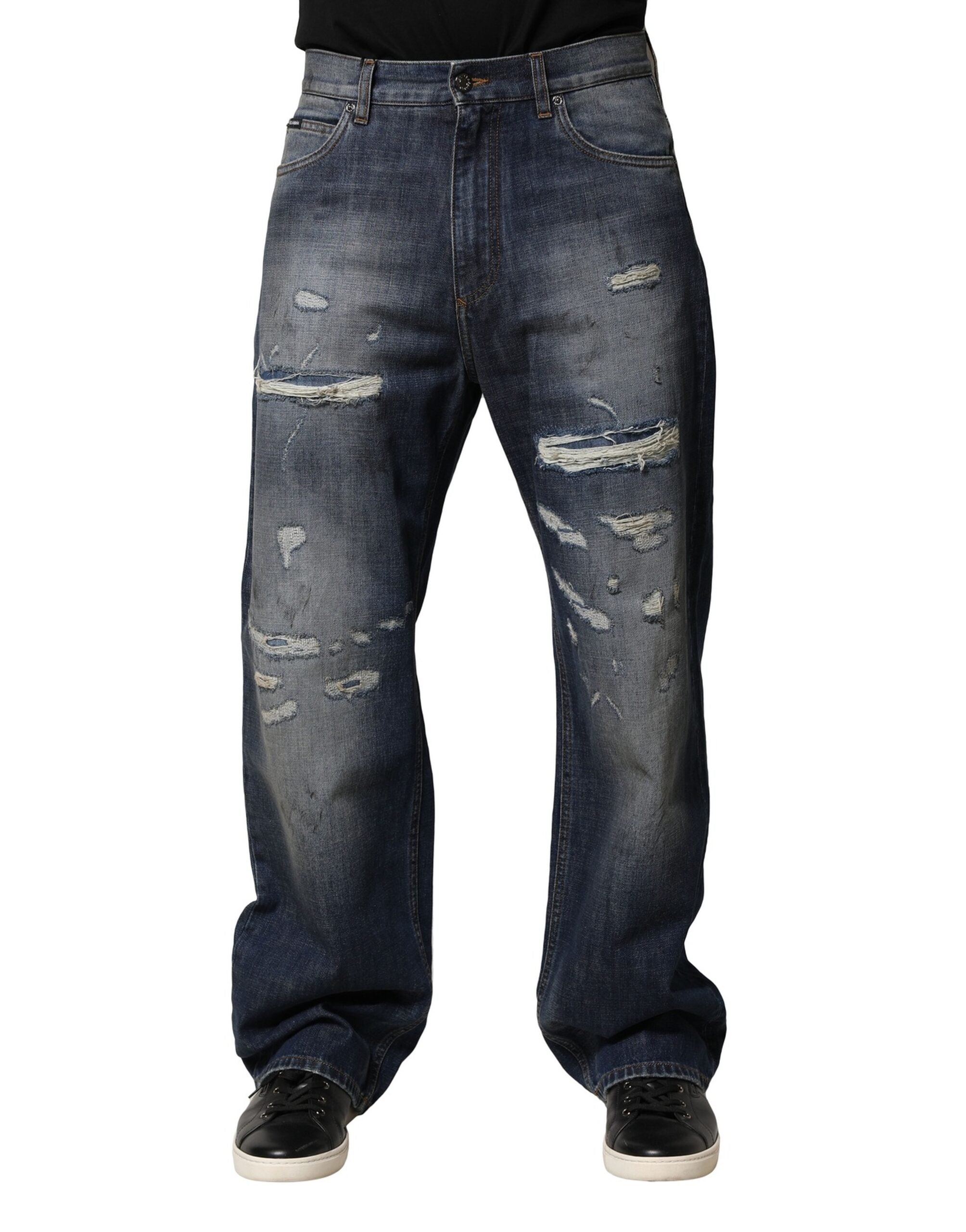 Dolce & Gabbana Blue Washed Tattered Cotton Men Jeans