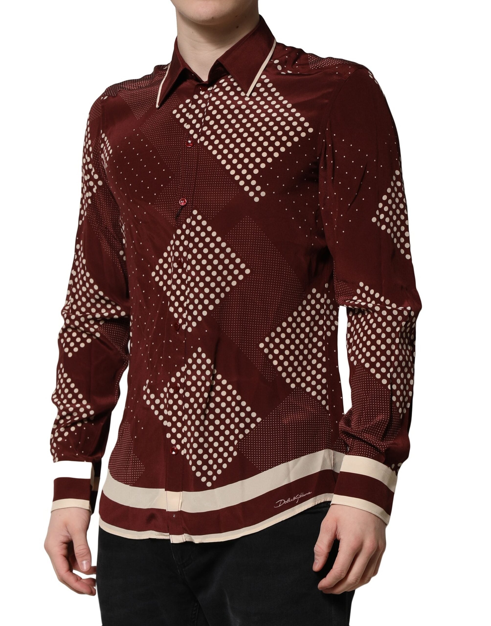 New Dolce & Gabbana Maroon Dotted Silk Long Sleeve Casual Shirt