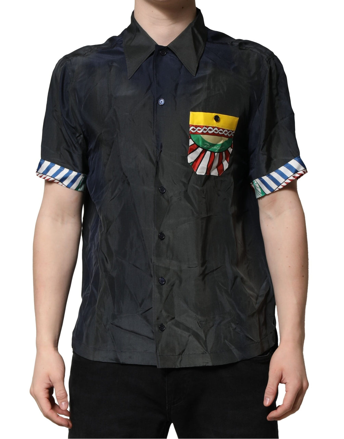 Dolce & Gabbana Black Silk Short Sleeves Men Casual Shirt