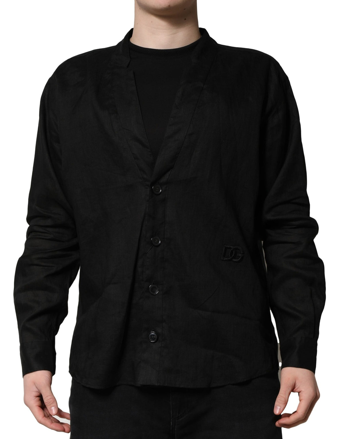 New Dolce & Gabbana Black Linen Long Sleeves Men Casual Shirt