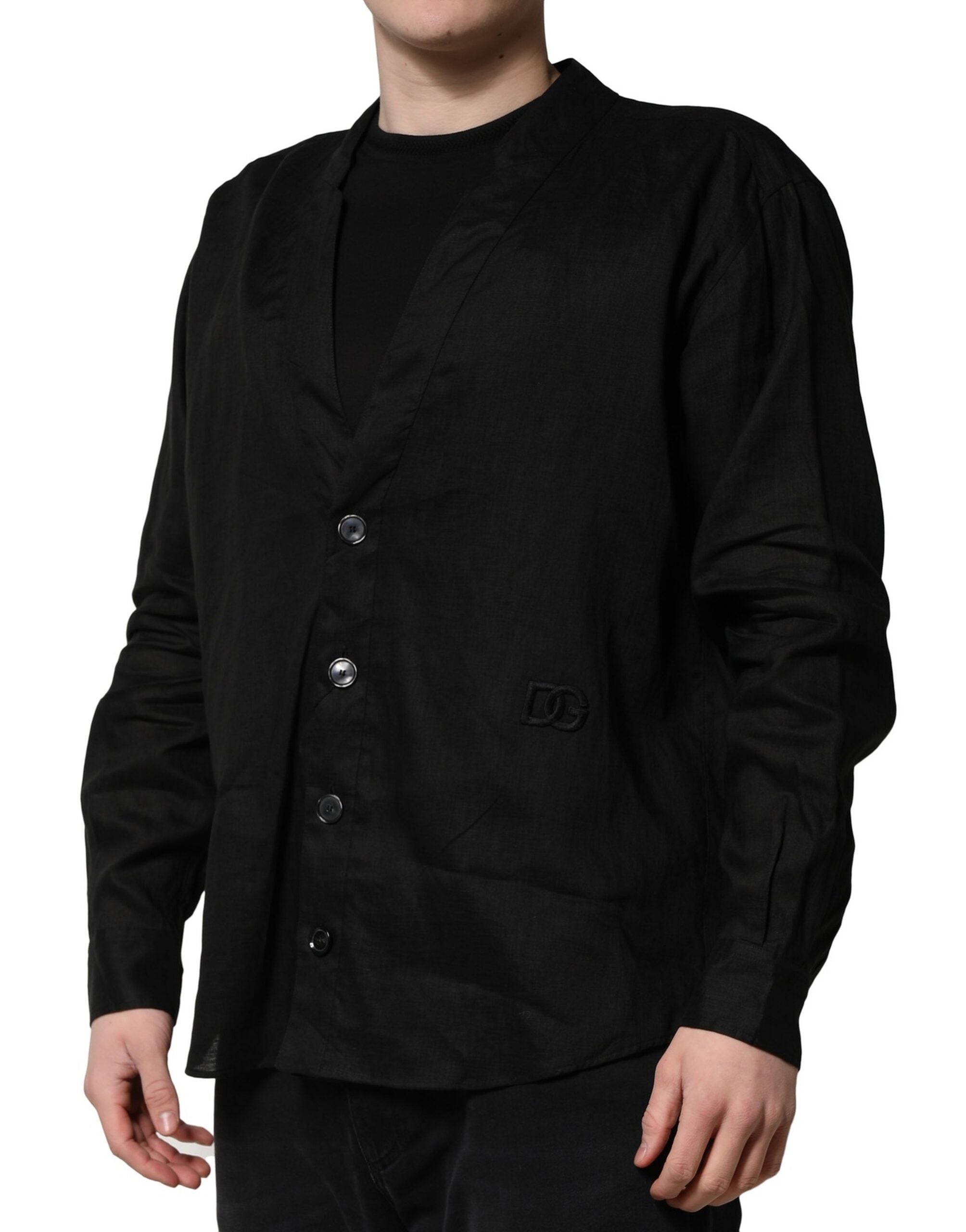 New Dolce & Gabbana Black Linen Long Sleeves Men Casual Shirt