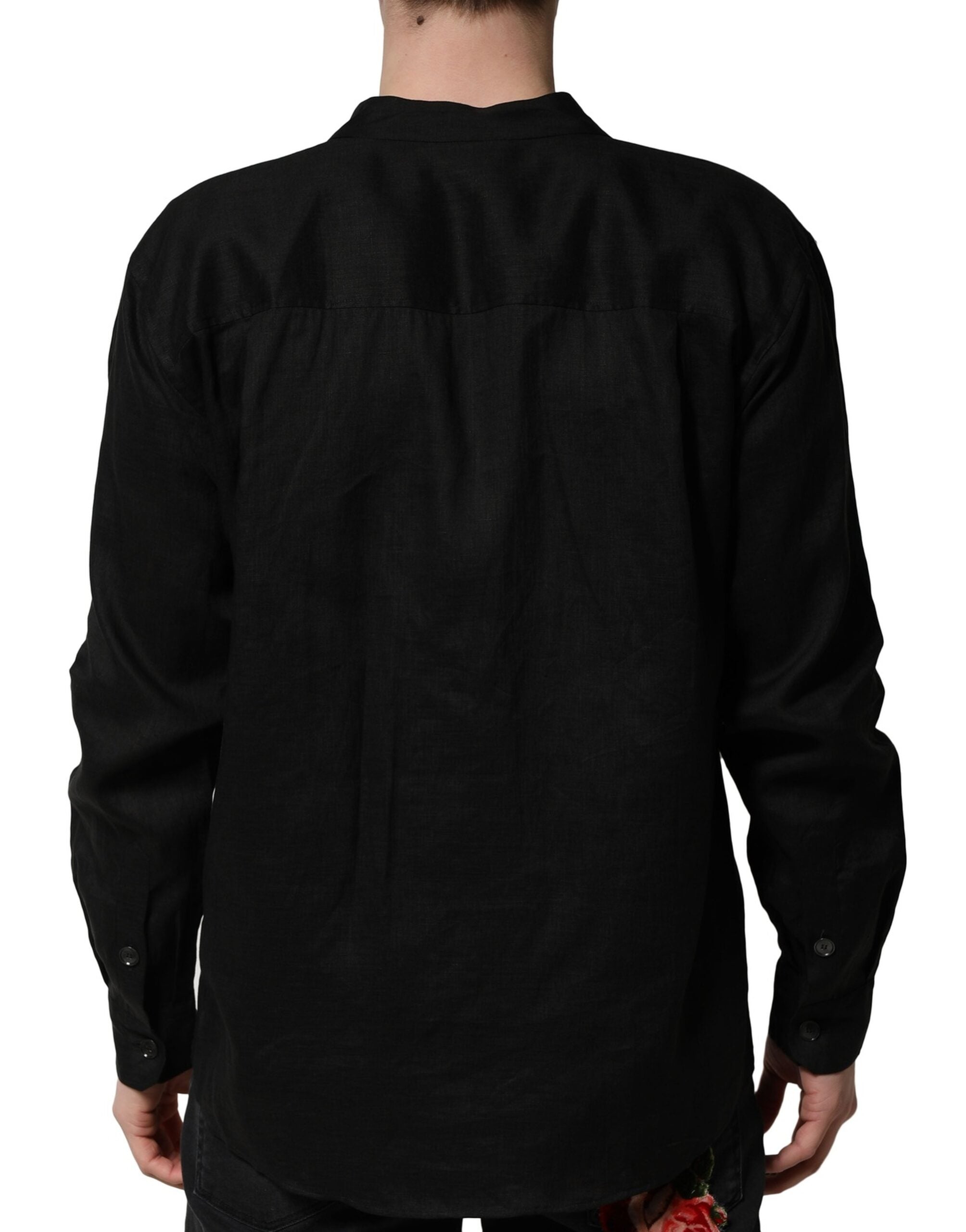New Dolce & Gabbana Black Linen Long Sleeves Men Casual Shirt
