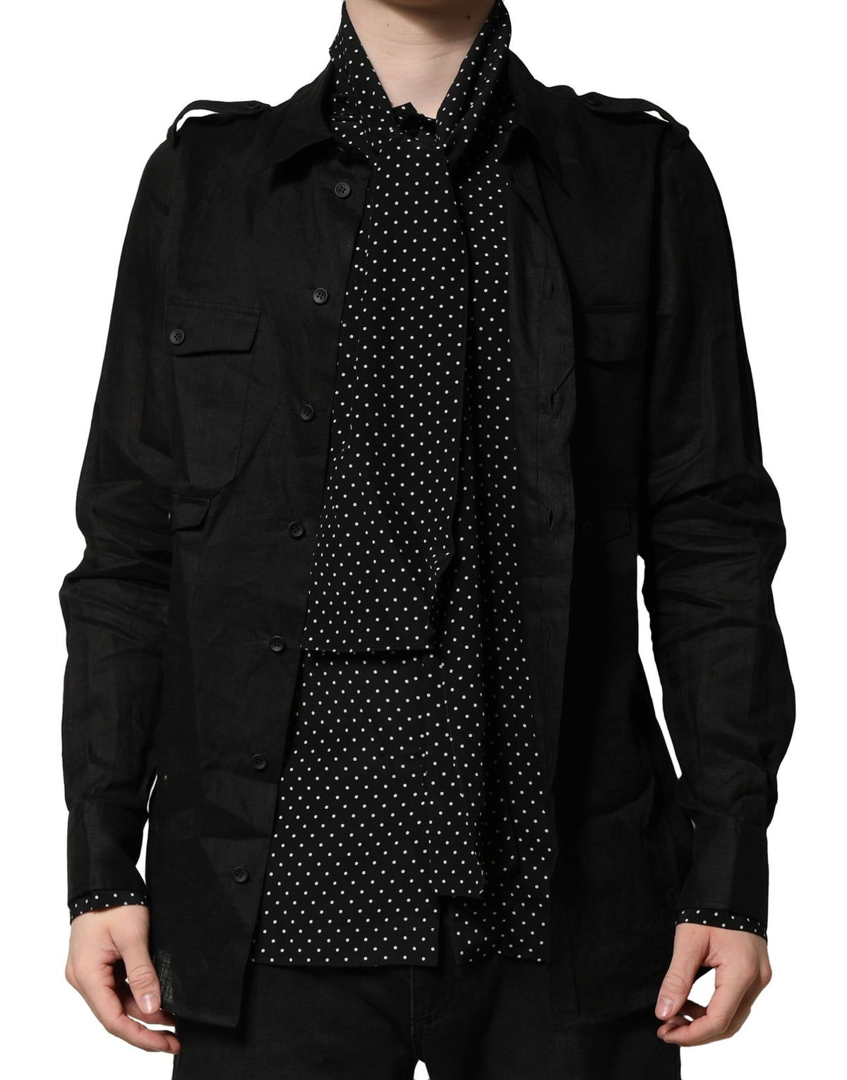 New Dolce & Gabbana Black Polka Dot Collar Tie Neck Casual Shirt
