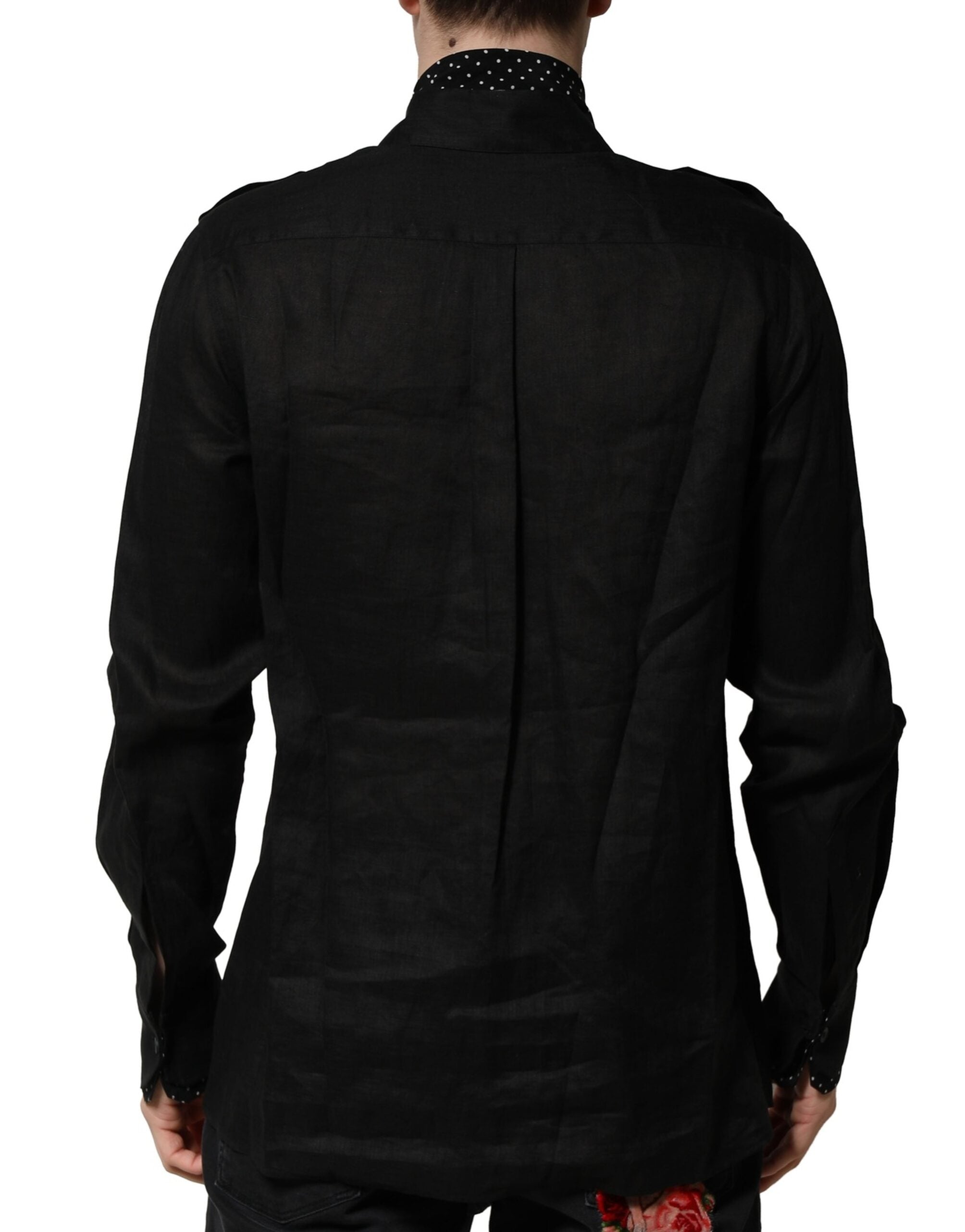 New Dolce & Gabbana Black Polka Dot Collar Tie Neck Casual Shirt