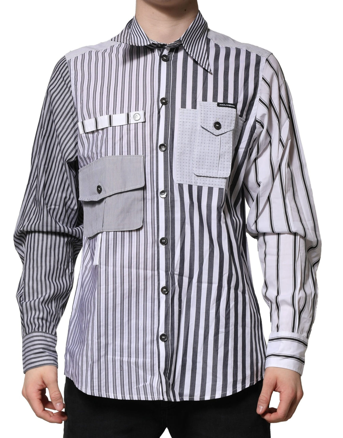 New Dolce & Gabbana White Gray Striped Cotton Men Casual Shirt
