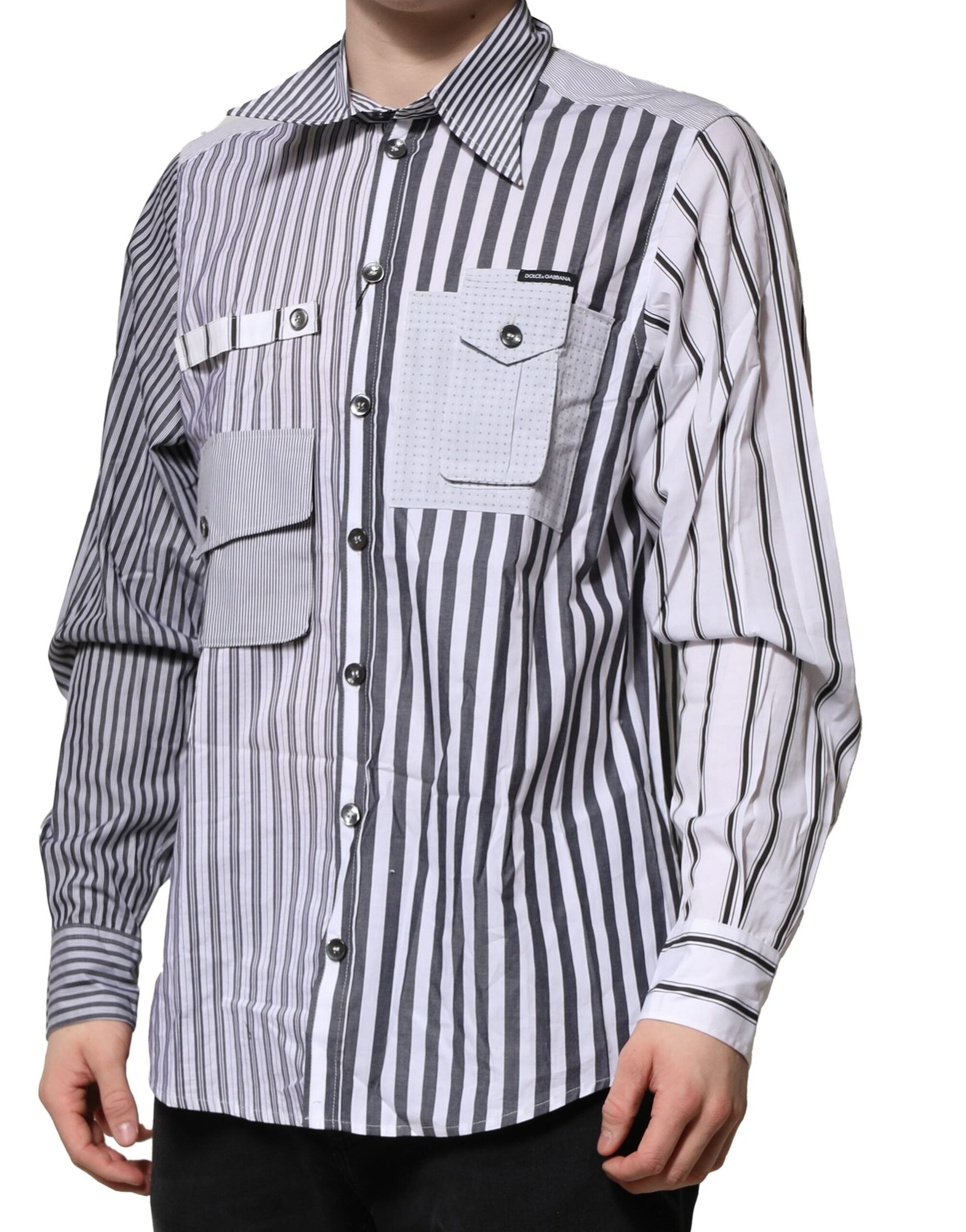 New Dolce & Gabbana White Gray Striped Cotton Men Casual Shirt