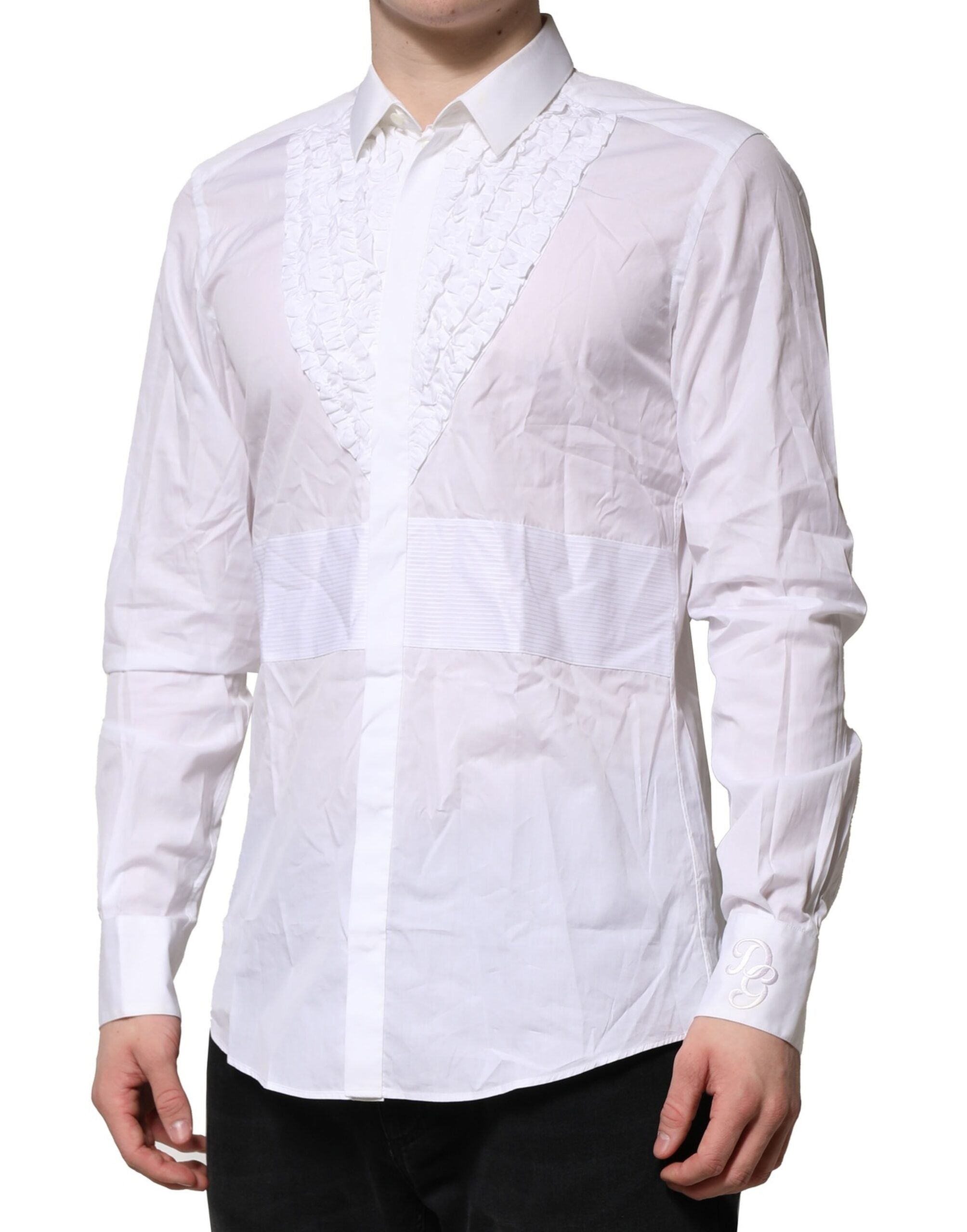 Dolce & Gabbana White Cotton Ruffled Detailing Formal Shirt