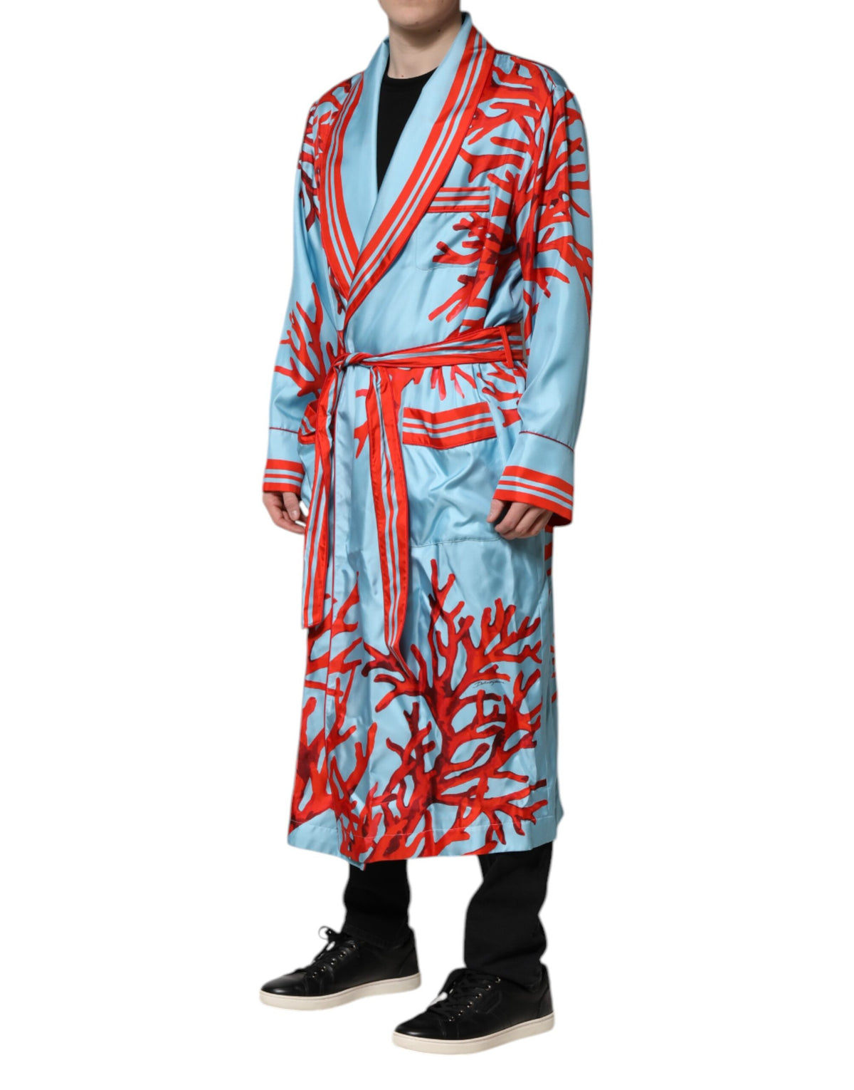 New Dolce & Gabbana Blue Red Coral Print Wrap Robe Coat Jacket