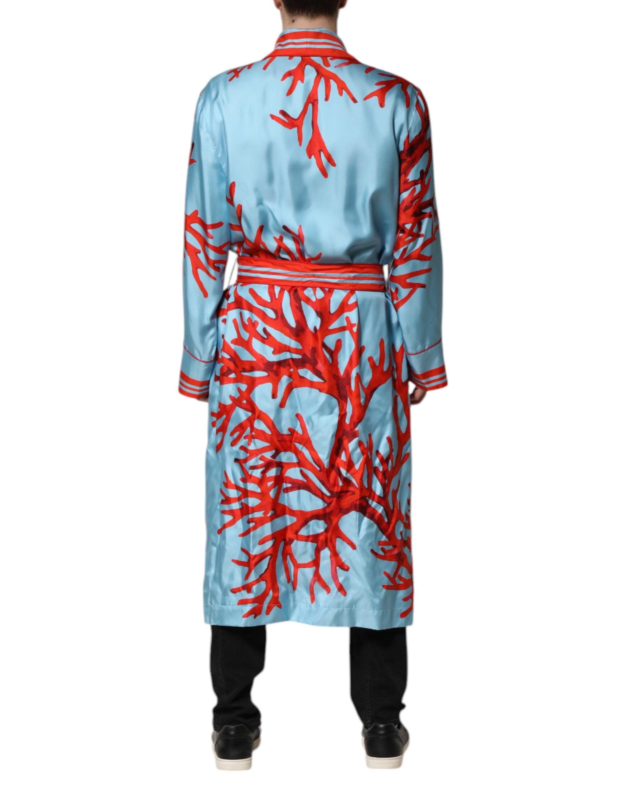 New Dolce & Gabbana Blue Red Coral Print Wrap Robe Coat Jacket