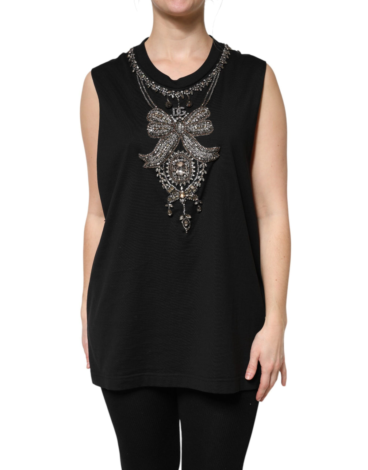 New Dolce & Gabbana Black Cotton Rhinestone Embellished Tank Top