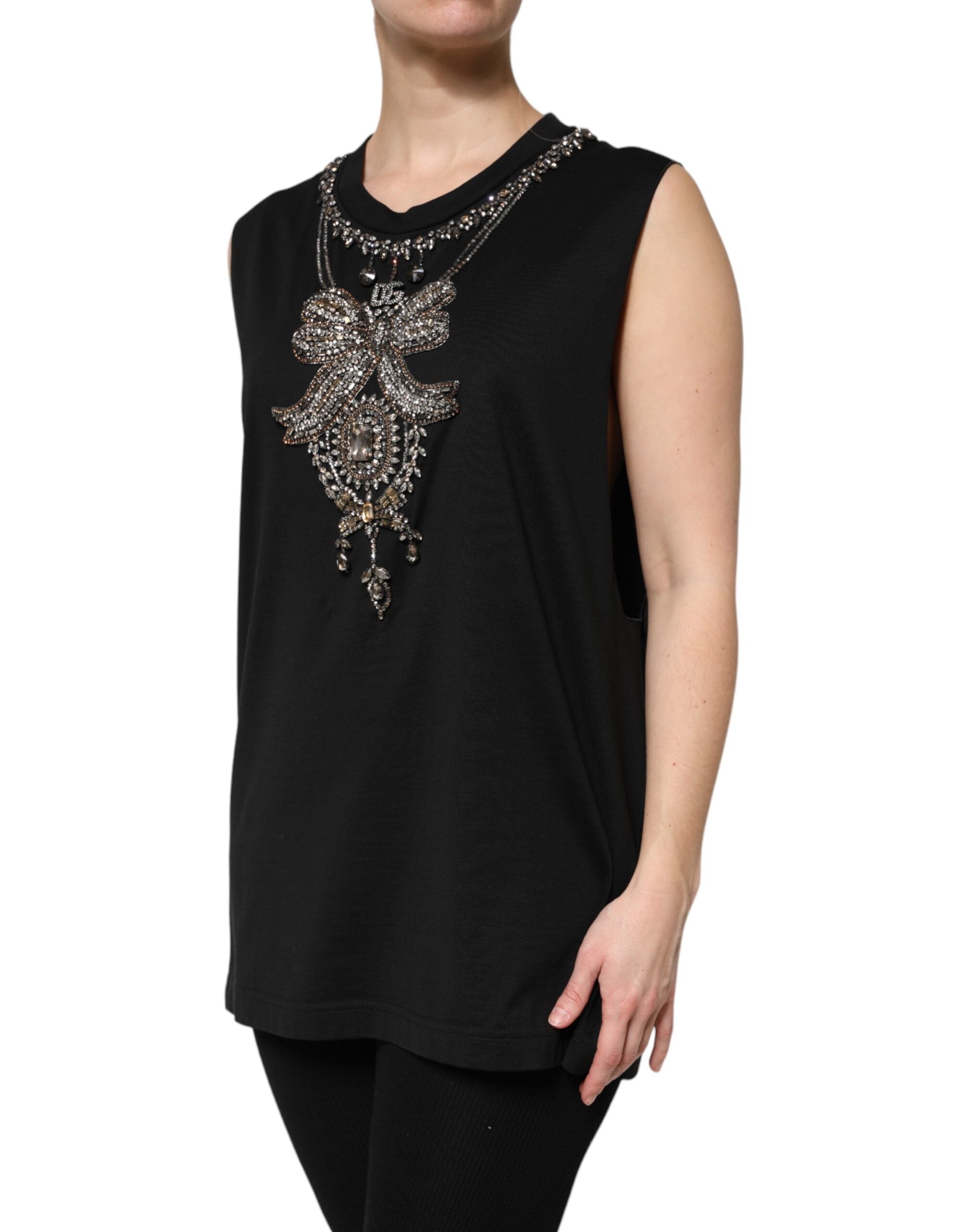 New Dolce & Gabbana Black Cotton Rhinestone Embellished Tank Top