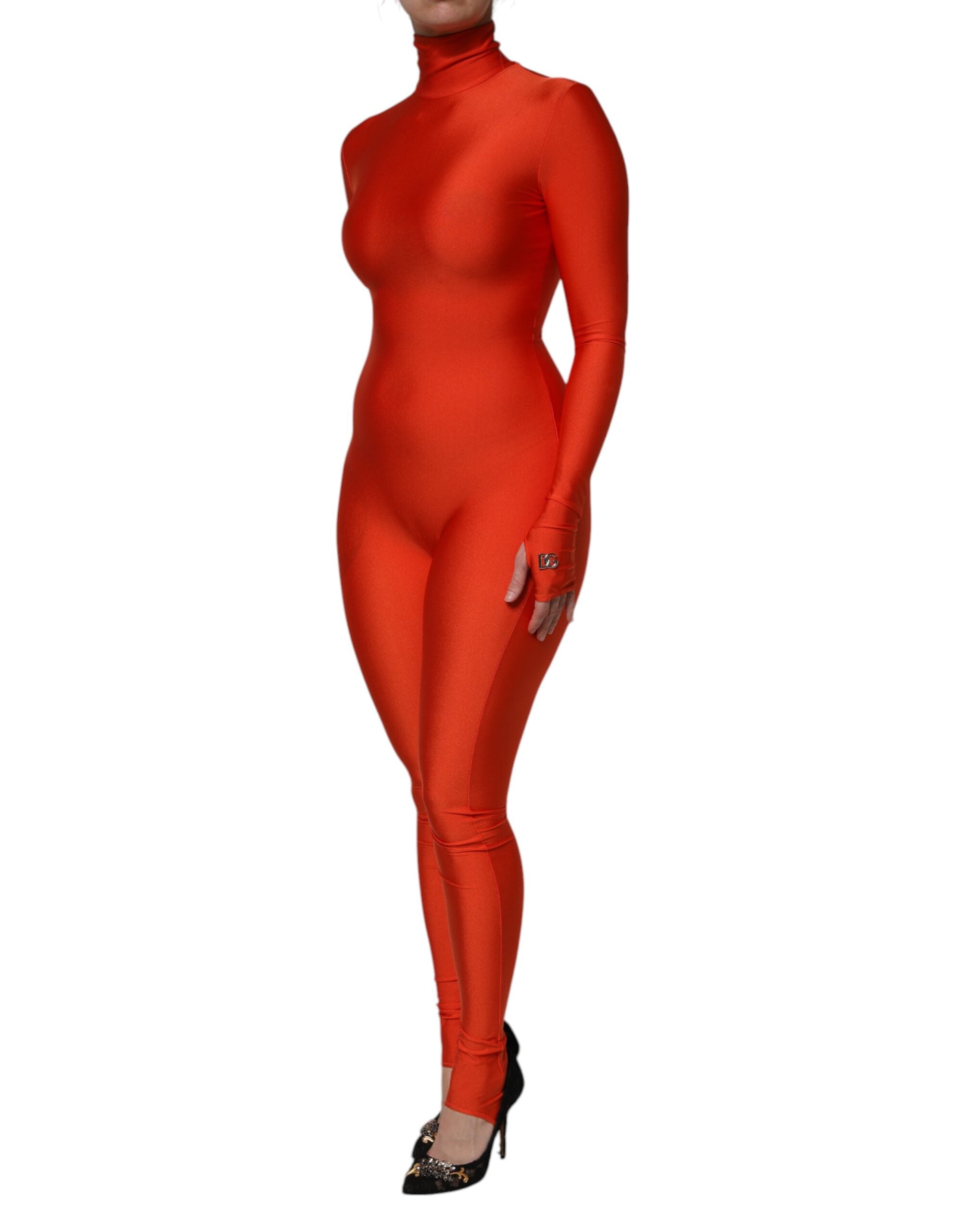 Dolce & Gabbana Red Nylon Turtleneck Bodycon Jumpsuit Dress